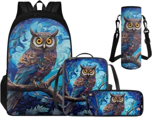 Cool Owl Backpack with Lunch Box Kds Boys Back to School, 4th Grade Backpack for Boys Lunch Box 4 PCS Set Multifunctional Pencil Case and Water Bottle Holder for Kids Back to School