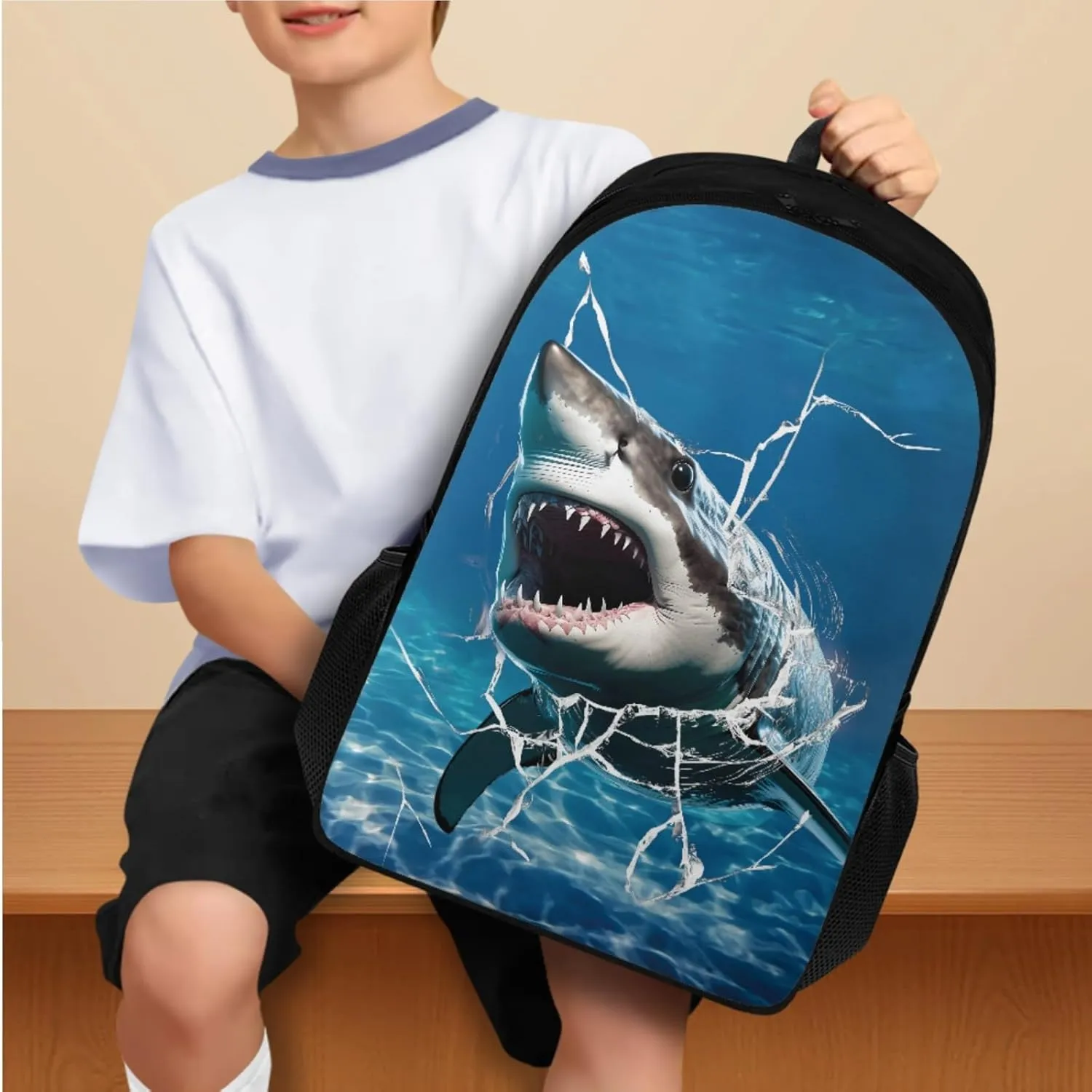Cool Shark School Backpack for Boys with Lunch Box, Backpack for 4th Grade Boys Pencil Case and Water Bottle Holder Schoolbag and Lunch Box 4 Piece Set for Boy Back to School