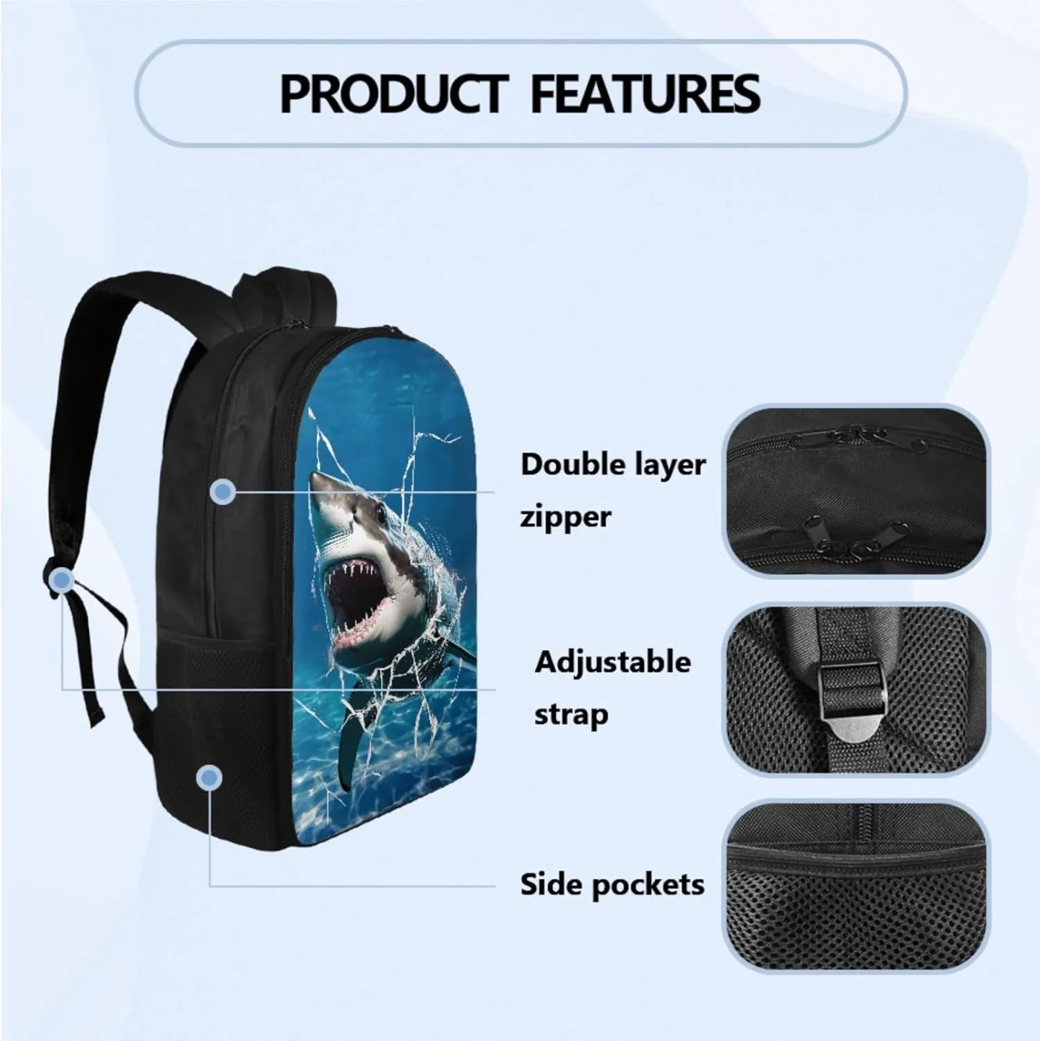 Cool Shark School Backpack for Boys with Lunch Box, Backpack for 4th Grade Boys Pencil Case and Water Bottle Holder Schoolbag and Lunch Box 4 Piece Set for Boy Back to School