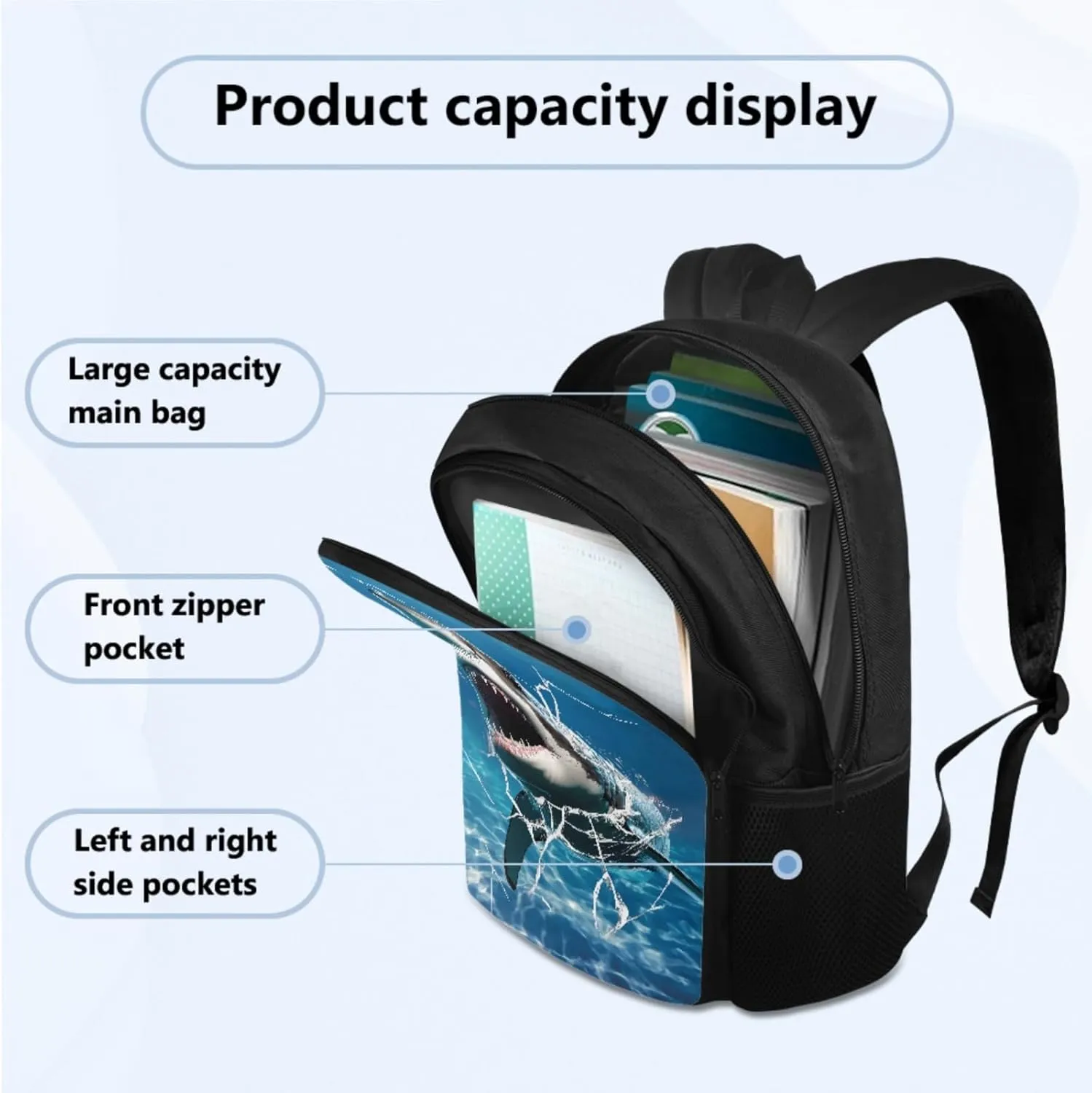 Cool Shark School Backpack for Boys with Lunch Box, Backpack for 4th Grade Boys Pencil Case and Water Bottle Holder Schoolbag and Lunch Box 4 Piece Set for Boy Back to School