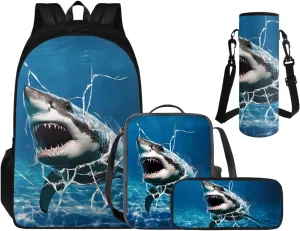 Cool Shark School Backpack for Boys with Lunch Box, Backpack for 4th Grade Boys Pencil Case and Water Bottle Holder Schoolbag and Lunch Box 4 Piece Set for Boy Back to School