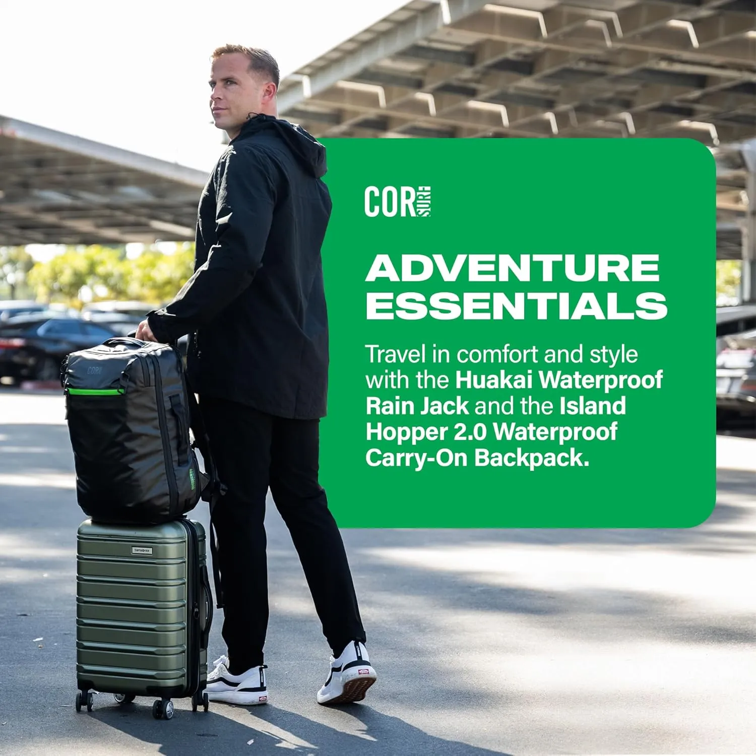 COR Surf Carry On Travel Backpack | Island Hopper 2.0 Ultralight Ariline Approved Personal Item Backpack| 28L Matte Black Waterproof Edition - FREE S-Clip Included