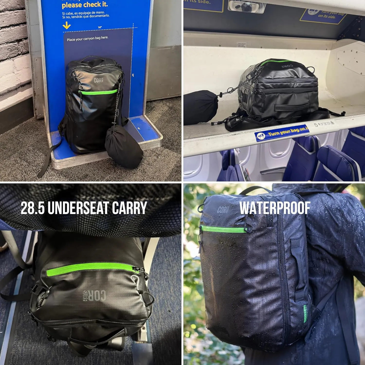 COR Surf Carry On Travel Backpack | Island Hopper 2.0 Ultralight Ariline Approved Personal Item Backpack| 28L Matte Black Waterproof Edition - FREE S-Clip Included
