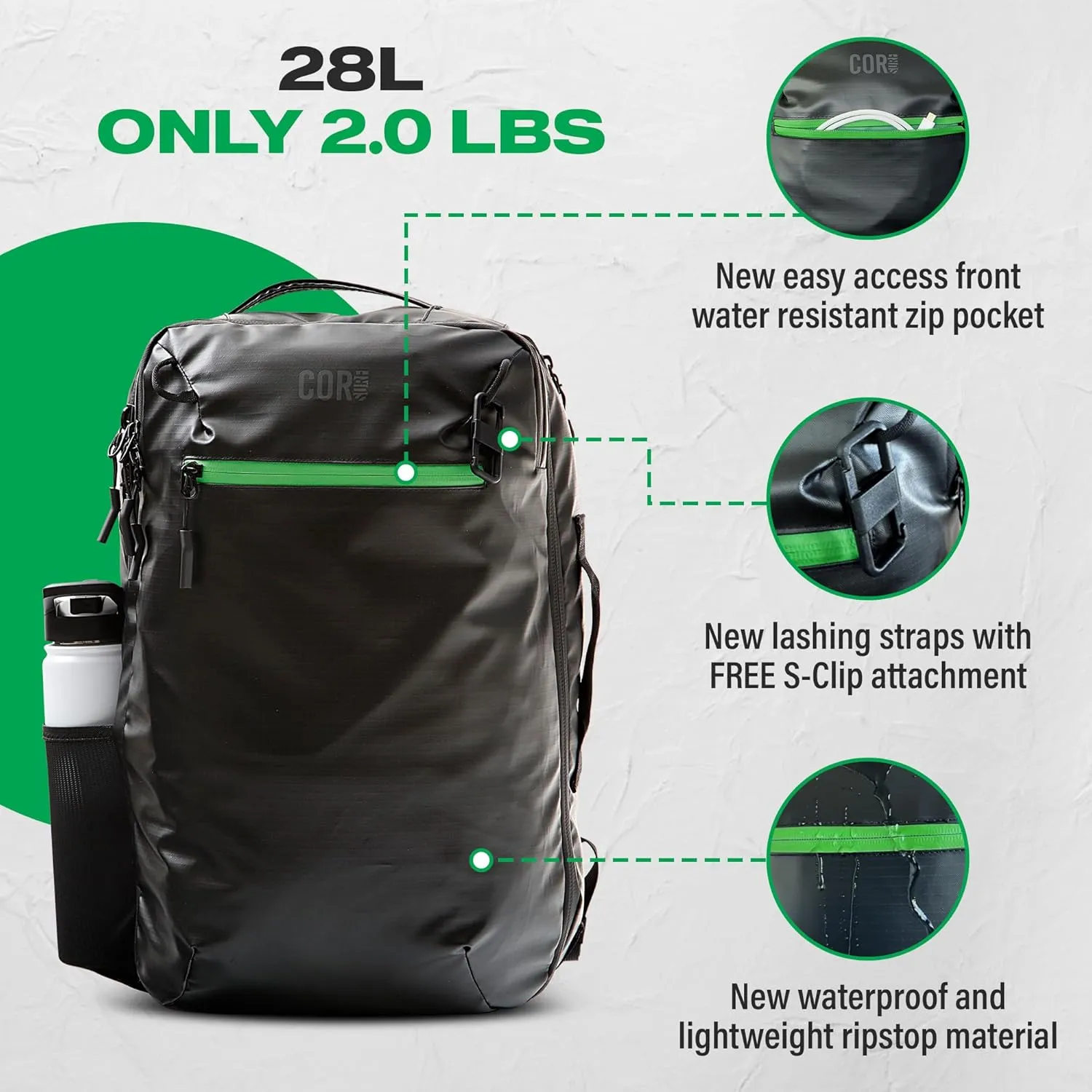 COR Surf Carry On Travel Backpack | Island Hopper 2.0 Ultralight Ariline Approved Personal Item Backpack| 28L Matte Black Waterproof Edition - FREE S-Clip Included