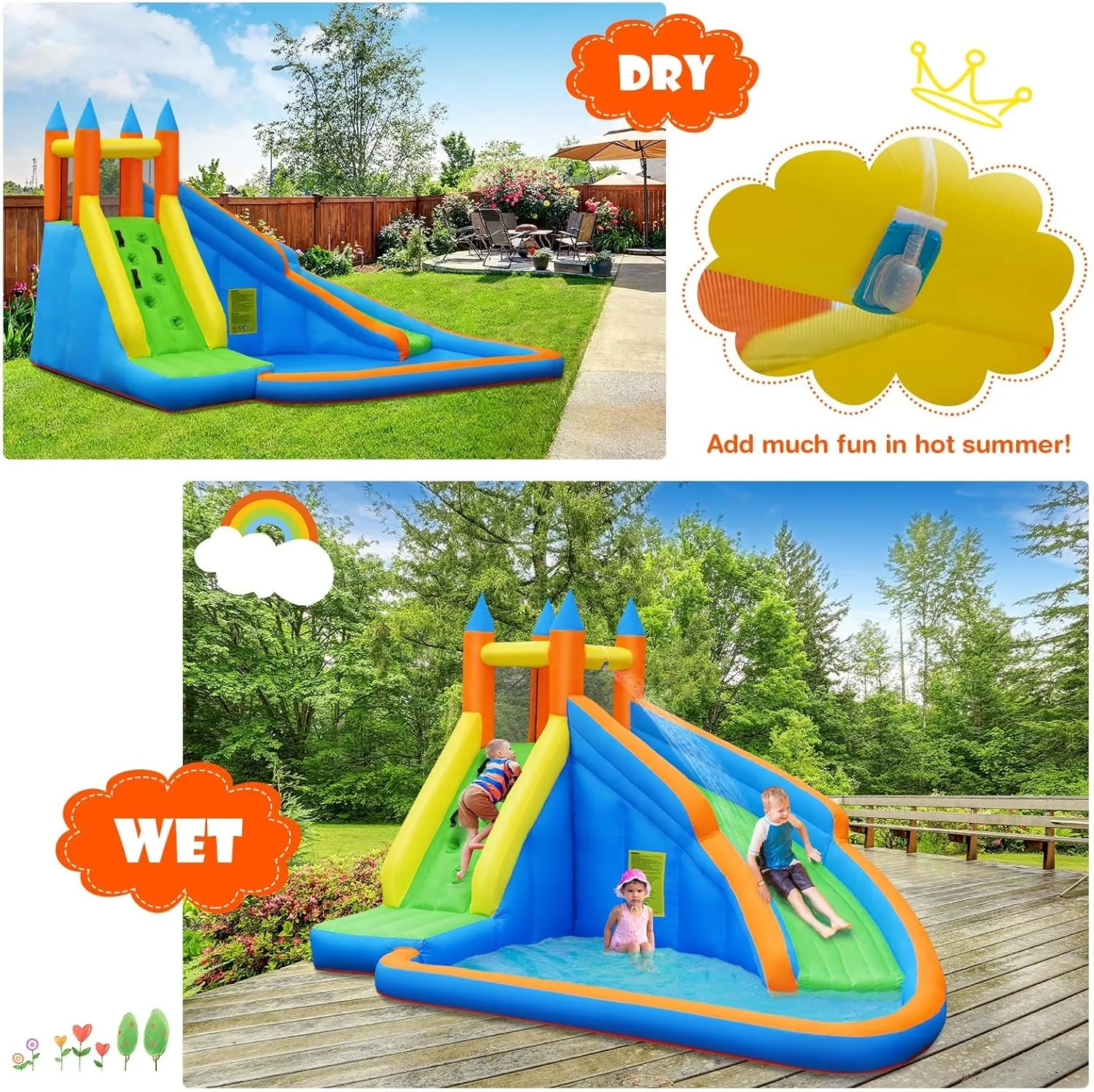 Costzon Inflatable Water Slide, Giant Bouncy Waterslide Park for Kids Backyard Outdoor Fun w/ 480w Blower, Climbing, Splash Pool, 2-pcs, Blow up Water Slides Inflatables for Kids and Adults Party Gift