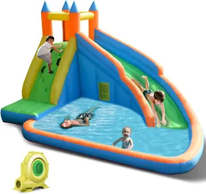 Costzon Inflatable Water Slide, Giant Bouncy Waterslide Park for Kids Backyard Outdoor Fun w/ 480w Blower, Climbing, Splash Pool, 2-pcs, Blow up Water Slides Inflatables for Kids and Adults Party Gift