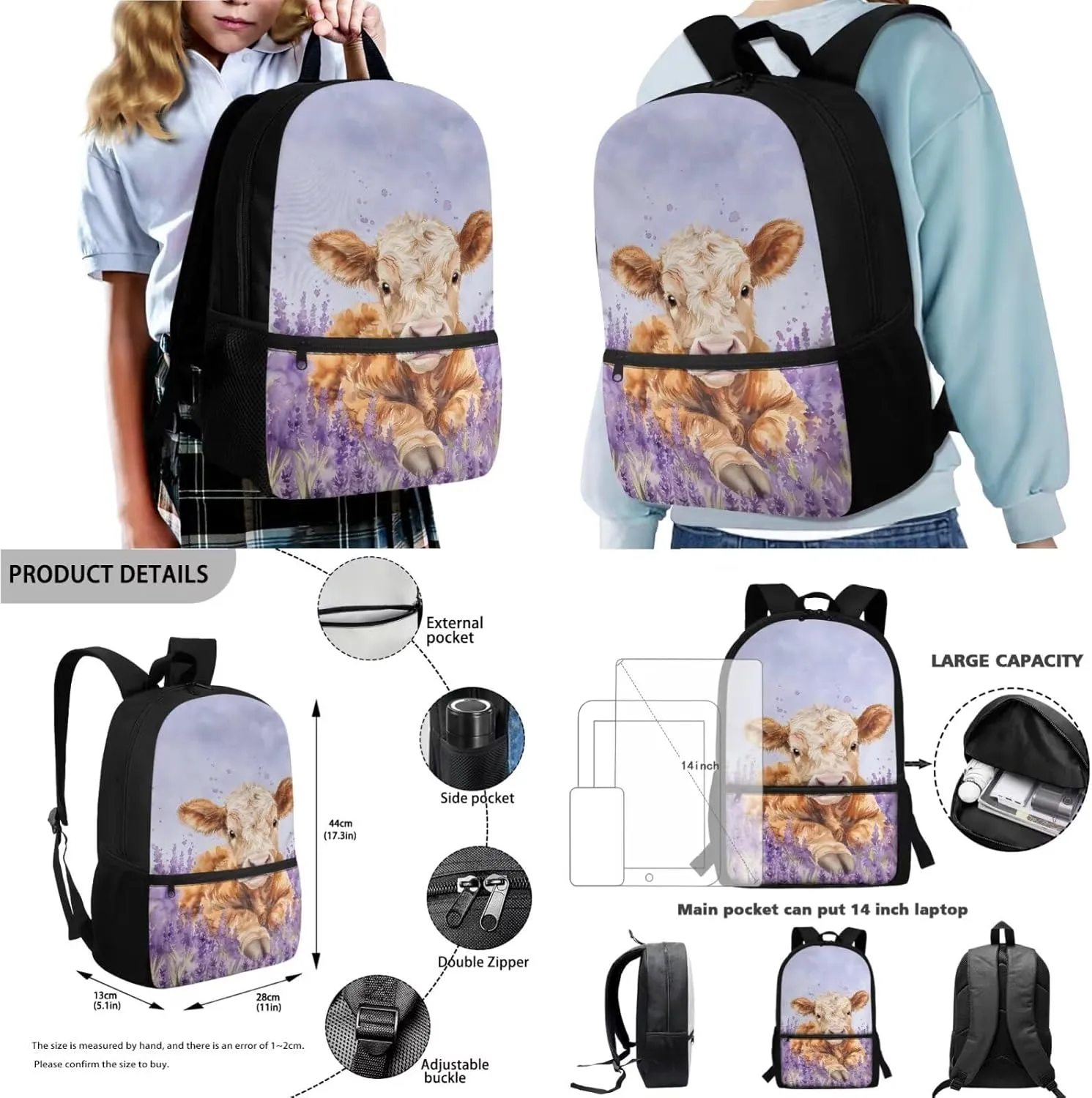 Cow Lavender Violet 4 PCS Backpack Set Portable Hiking Rucksack Daypack with Lunch Box Pencil Pouch Case Zippered Water Bottle Carrier for Primary Children