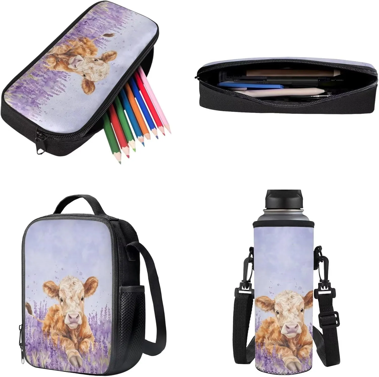 Cow Lavender Violet 4 PCS Backpack Set Portable Hiking Rucksack Daypack with Lunch Box Pencil Pouch Case Zippered Water Bottle Carrier for Primary Children