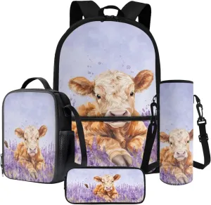 Cow Lavender Violet 4 PCS Backpack Set Portable Hiking Rucksack Daypack with Lunch Box Pencil Pouch Case Zippered Water Bottle Carrier for Primary Children