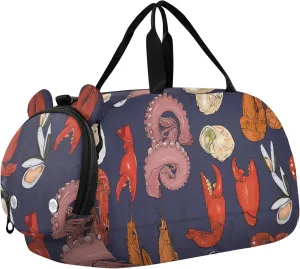 Crab Shrimp Octopus Seafood Pattern Sports Duffle Bag for Girls Boys, Gym Bag with Shoe Compartment, Kids Travel Overnight Weekender Shoulder Bag