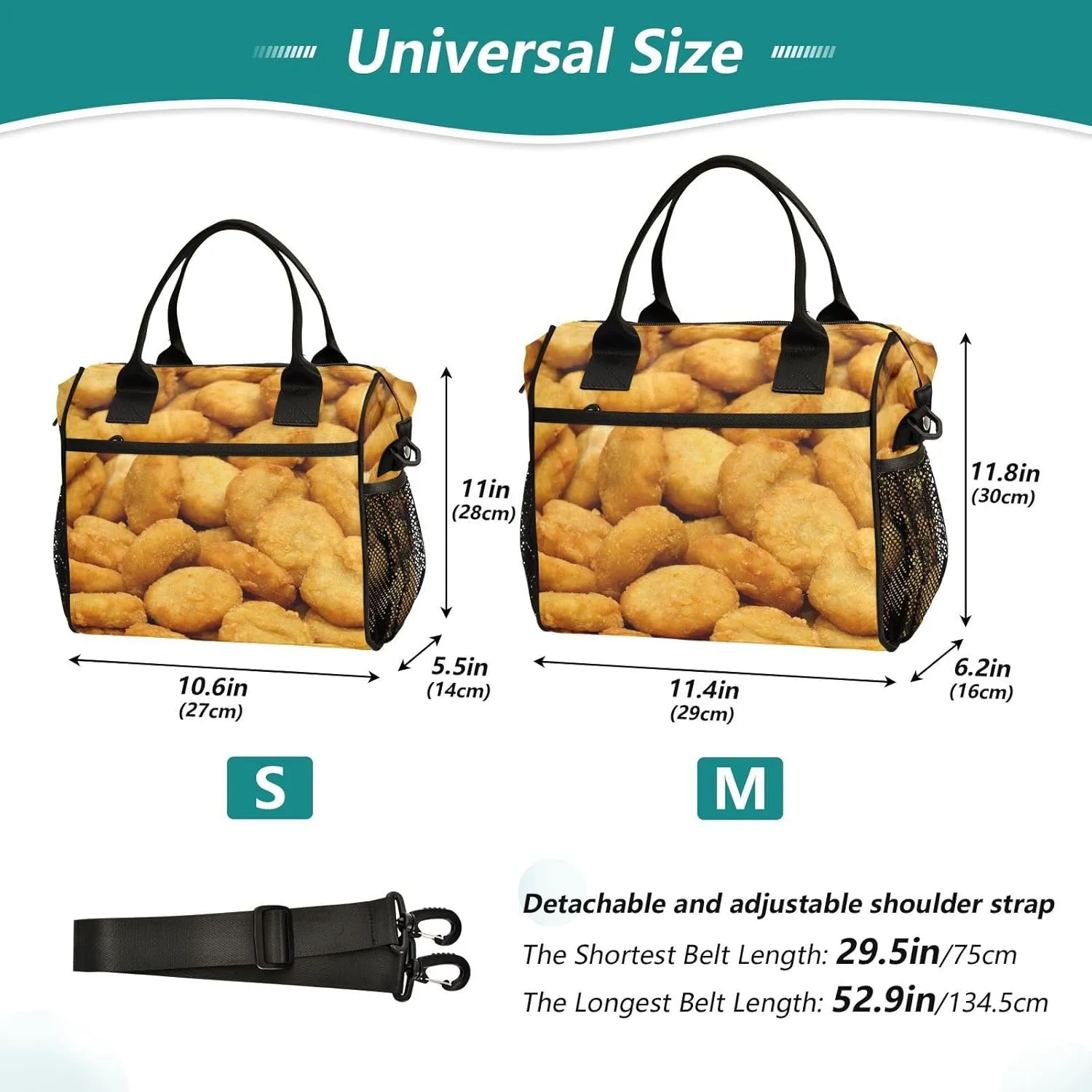 Crispy Chicken Nuggets Lunch Bag Reusable Lunch Box for Office Picnic Hiking Beach, Insulated Cooler Tote Food Container with Adjustable Shoulder Strap for Men Women Adults