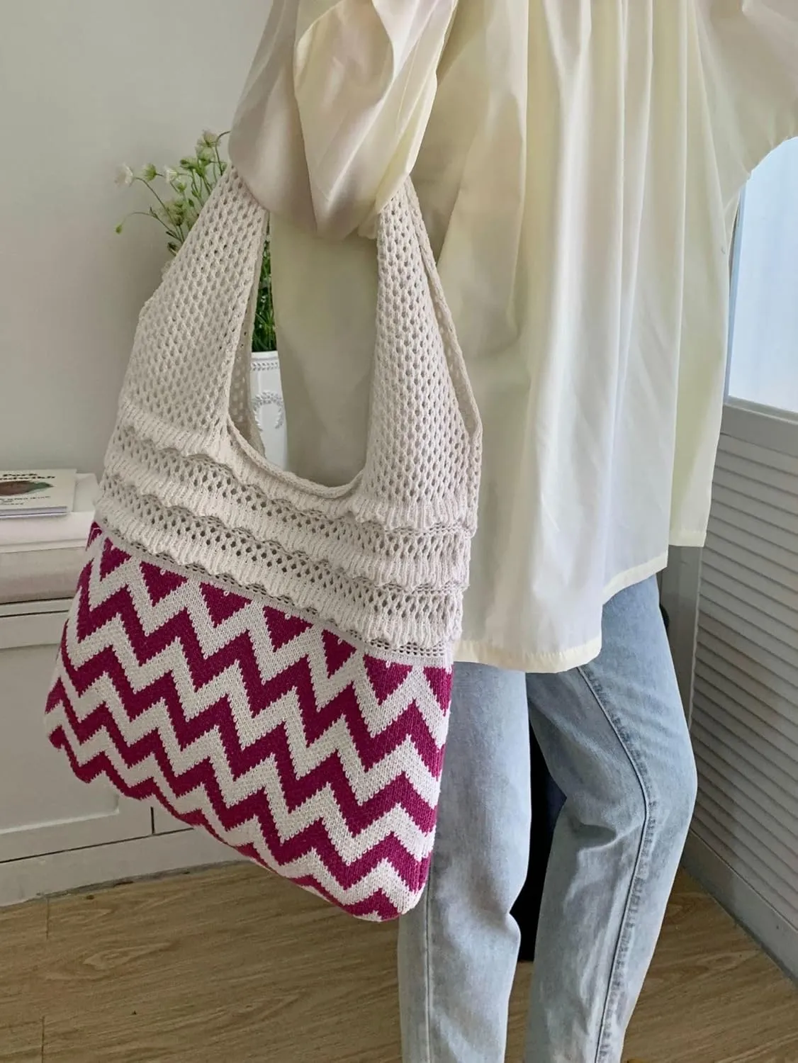 Crochet Tote Bag Women's Summer Aesthetic Mesh Beach Bags Knitting Handbags Cute