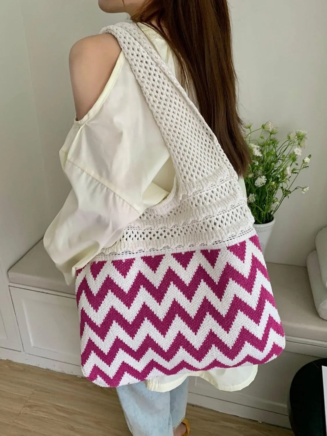 Crochet Tote Bag Women's Summer Aesthetic Mesh Beach Bags Knitting Handbags Cute