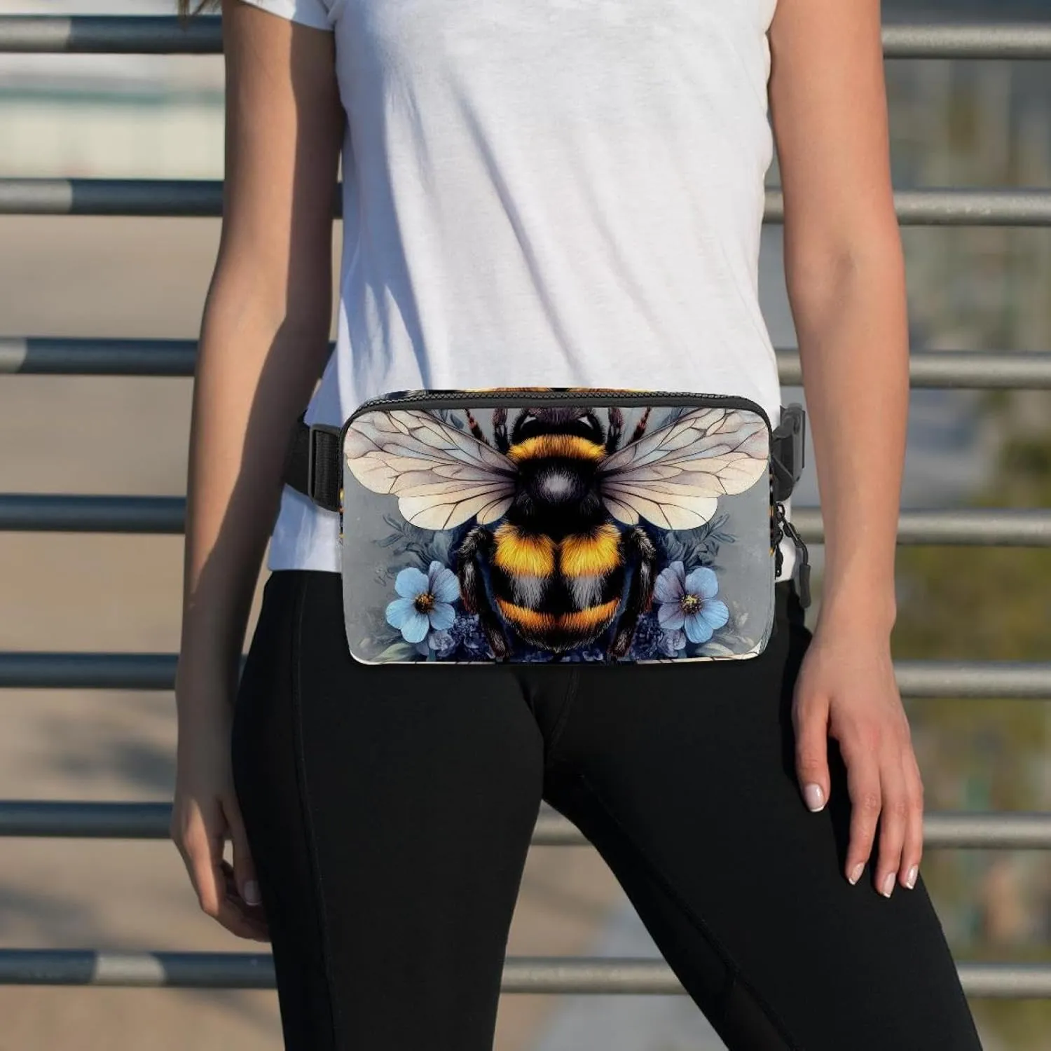 Crossbody Belt Bag for Women Men, Bee Blue Flowers Fanny Packs with Zipper Pockets,Waterproof Waist Packs with Adjustable Strap for Workout Running Traveling Hiking