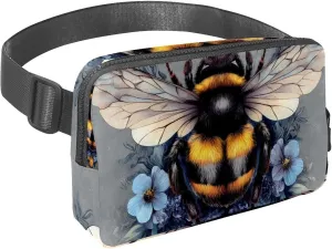 Crossbody Belt Bag for Women Men, Bee Blue Flowers Fanny Packs with Zipper Pockets,Waterproof Waist Packs with Adjustable Strap for Workout Running Traveling Hiking