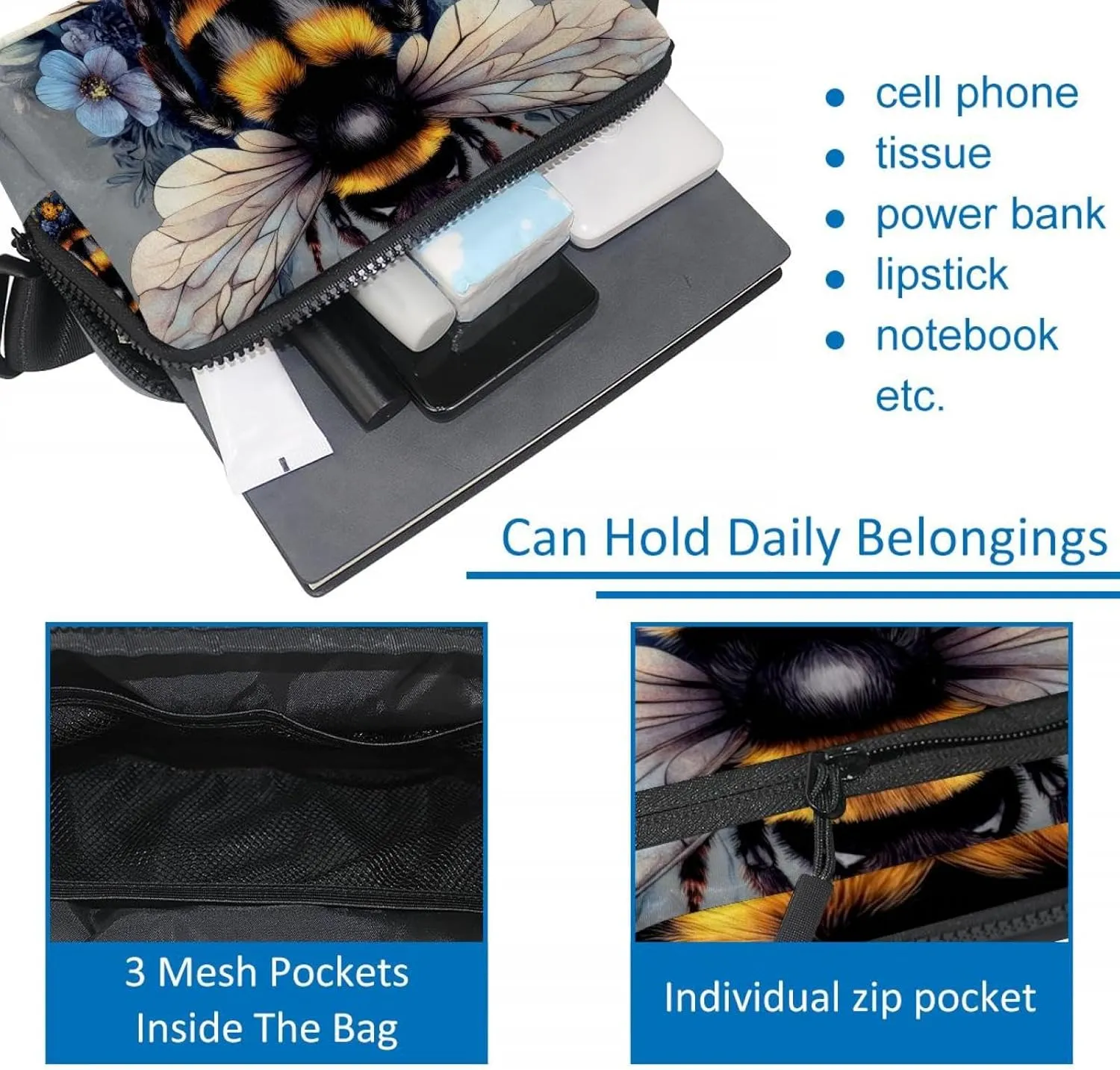 Crossbody Belt Bag for Women Men, Bee Blue Flowers Fanny Packs with Zipper Pockets,Waterproof Waist Packs with Adjustable Strap for Workout Running Traveling Hiking