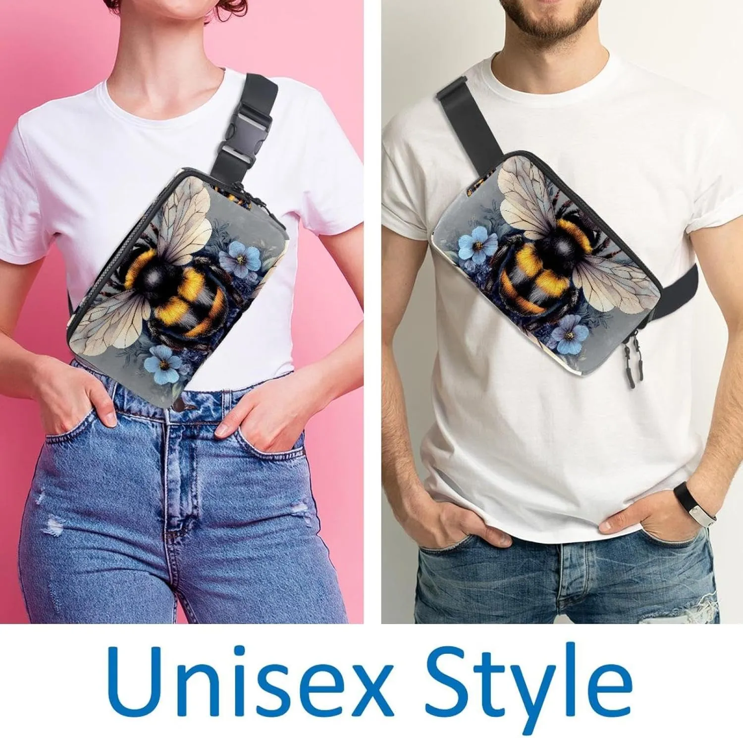 Crossbody Belt Bag for Women Men, Bee Blue Flowers Fanny Packs with Zipper Pockets,Waterproof Waist Packs with Adjustable Strap for Workout Running Traveling Hiking
