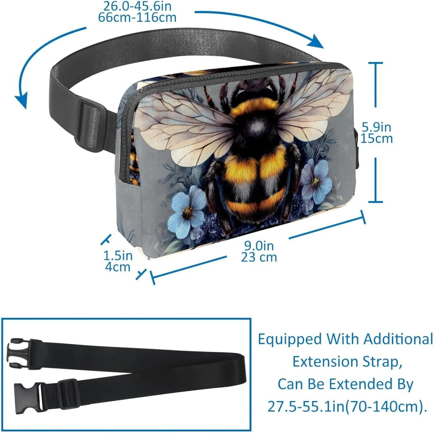 Crossbody Belt Bag for Women Men, Bee Blue Flowers Fanny Packs with Zipper Pockets,Waterproof Waist Packs with Adjustable Strap for Workout Running Traveling Hiking