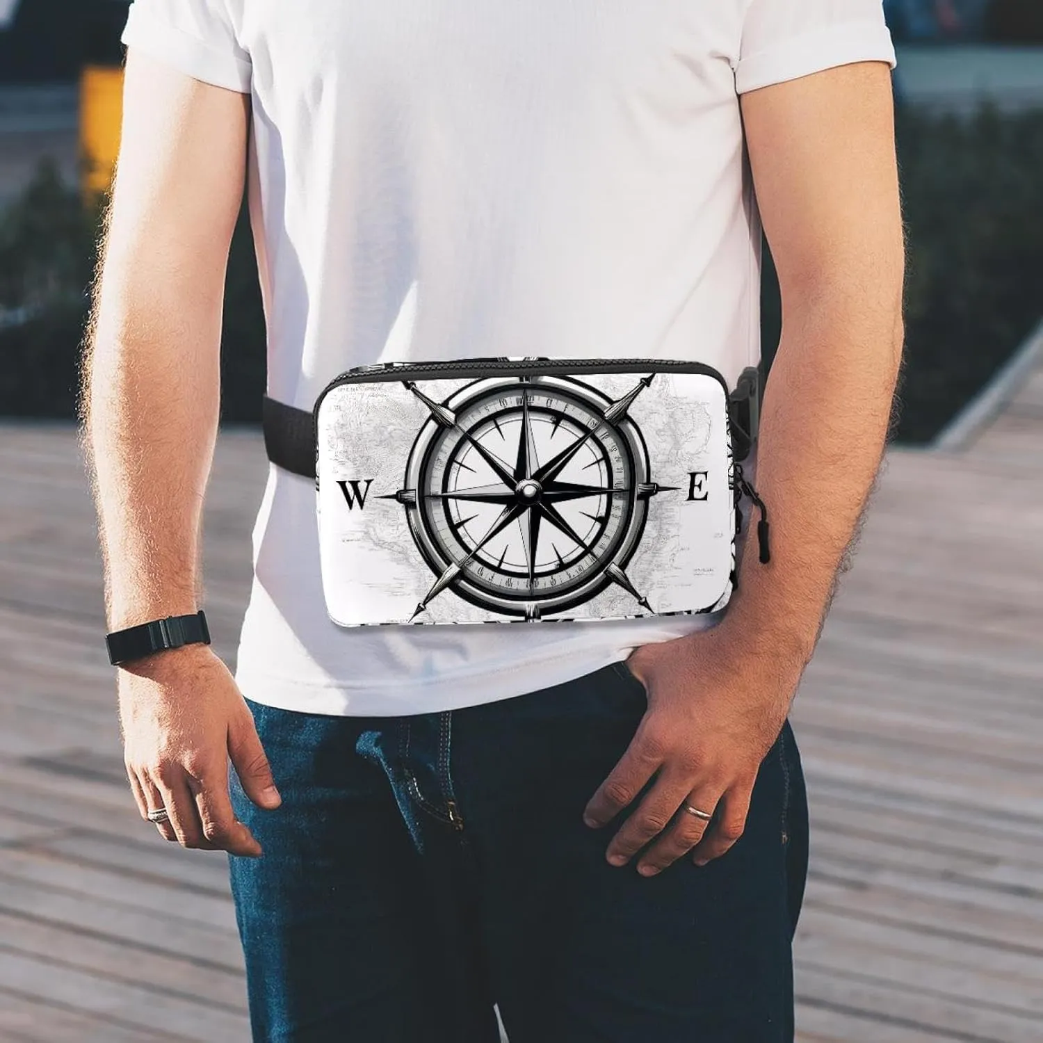 Crossbody Belt Bag for Women Men, Compass Print Fanny Packs with Zipper Pockets,Waterproof Waist Packs with Adjustable Strap for Workout Running Traveling Hiking
