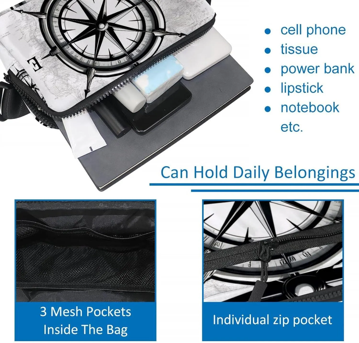 Crossbody Belt Bag for Women Men, Compass Print Fanny Packs with Zipper Pockets,Waterproof Waist Packs with Adjustable Strap for Workout Running Traveling Hiking