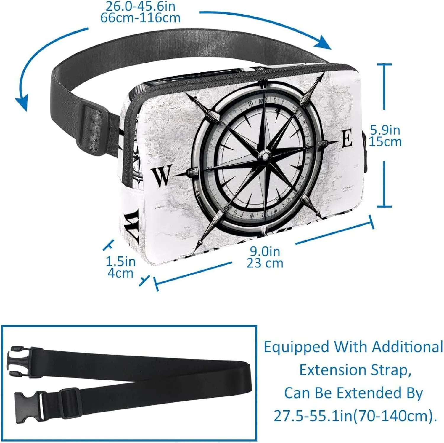 Crossbody Belt Bag for Women Men, Compass Print Fanny Packs with Zipper Pockets,Waterproof Waist Packs with Adjustable Strap for Workout Running Traveling Hiking