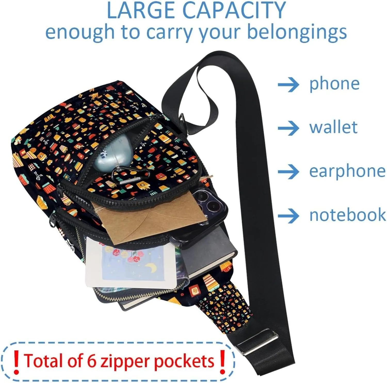 Crossbody Small Sling Bag Backpack for Women Men, Drink ice cream gamburger hot dog pita t (3) Chest Daypack Crossbody Travel Sports Hiking