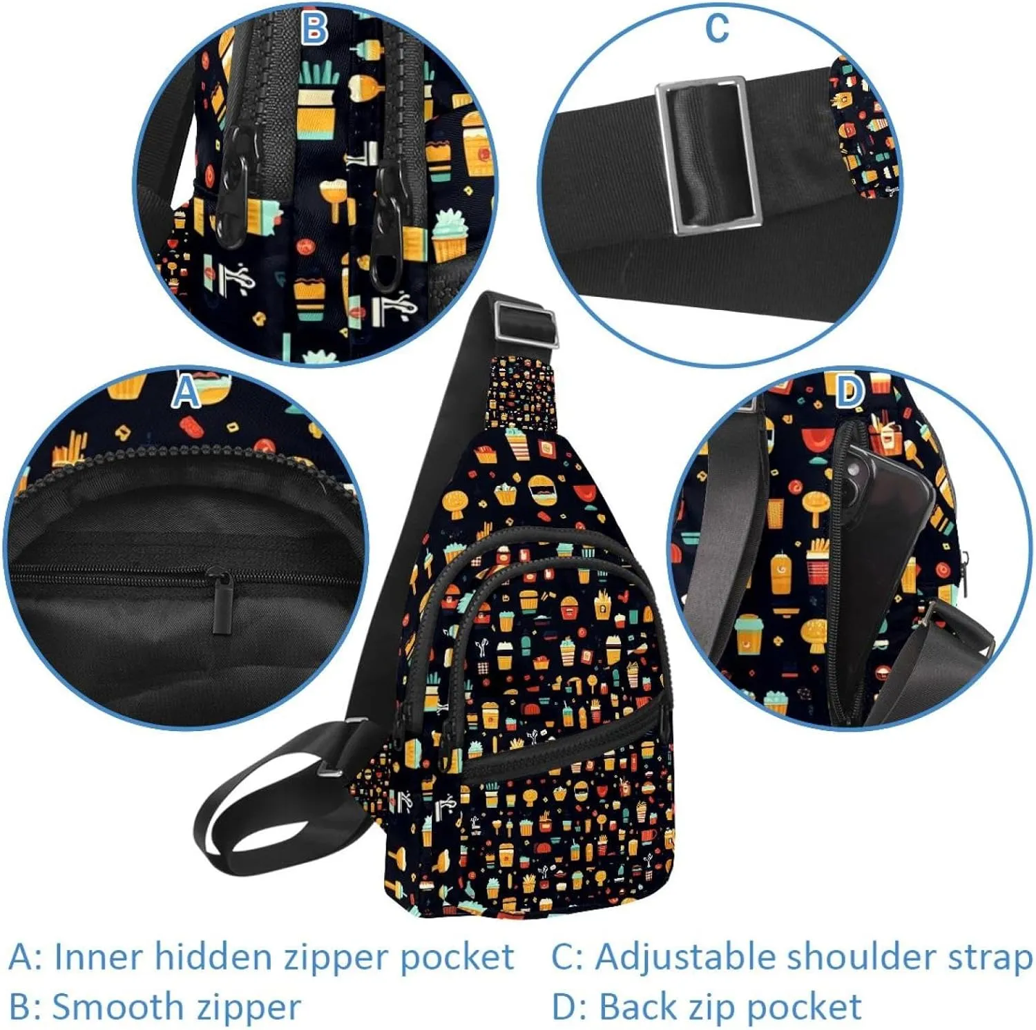 Crossbody Small Sling Bag Backpack for Women Men, Drink ice cream gamburger hot dog pita t (3) Chest Daypack Crossbody Travel Sports Hiking