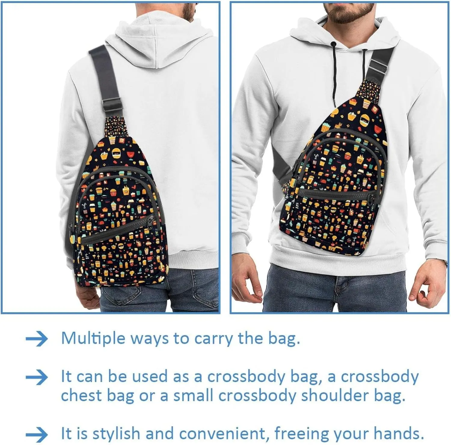 Crossbody Small Sling Bag Backpack for Women Men, Drink ice cream gamburger hot dog pita t (3) Chest Daypack Crossbody Travel Sports Hiking