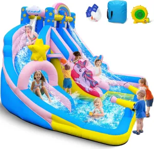 Culaluva Inflatable Water Slide: 6 in 1 Blow Up Bounce House for Kids 3-12 - Climbing Wall Splash Pool Cannon 2 Slides Basketball Rim - 550W Blower - for Backyard Outdoor Birthday