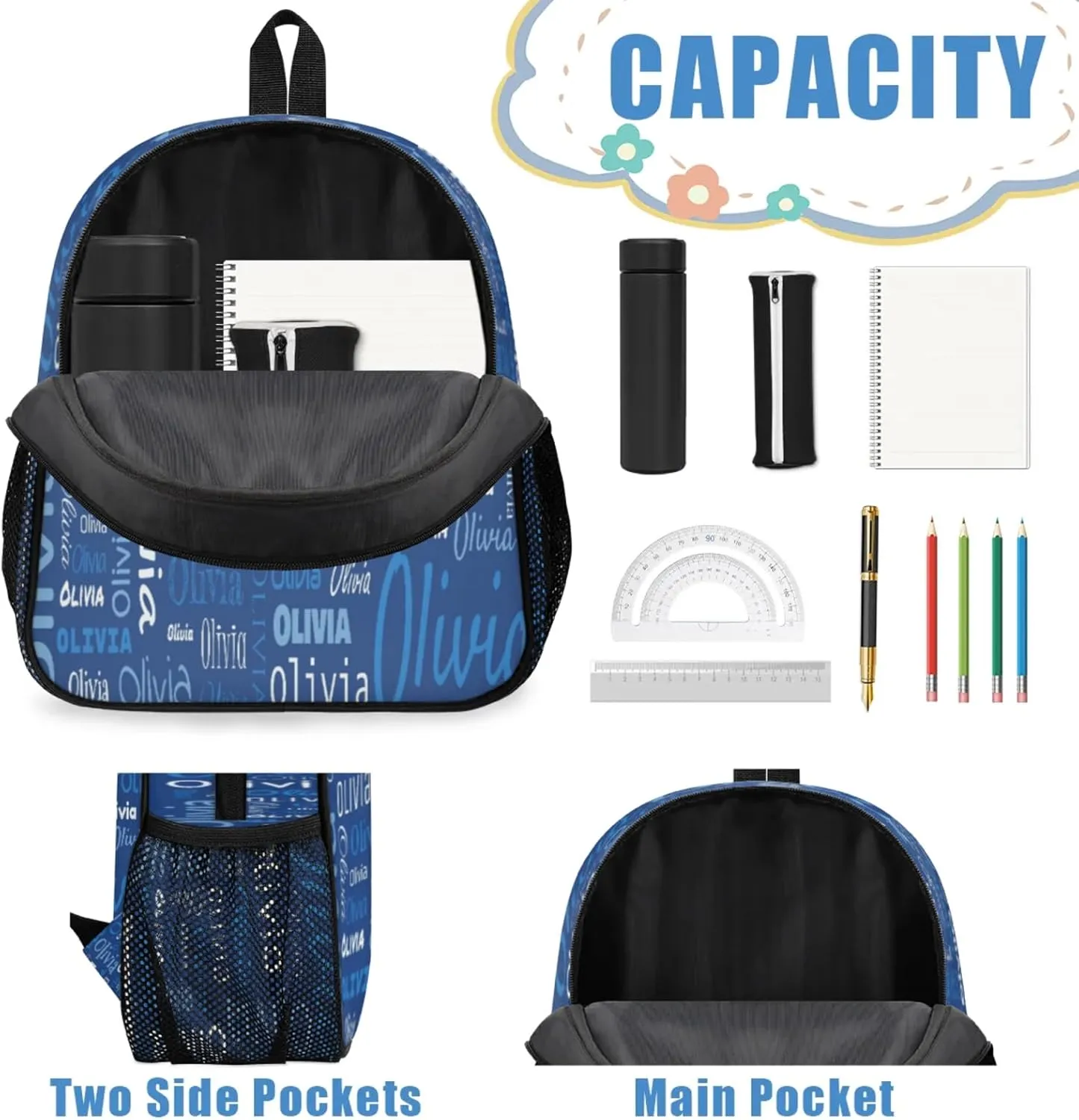 Custom Backpack Bag for Women Men, Waterproof Personalized Casual Backpacks with Name, Dark Blue Background Custom Daypack with Adjustable Shoulder Straps