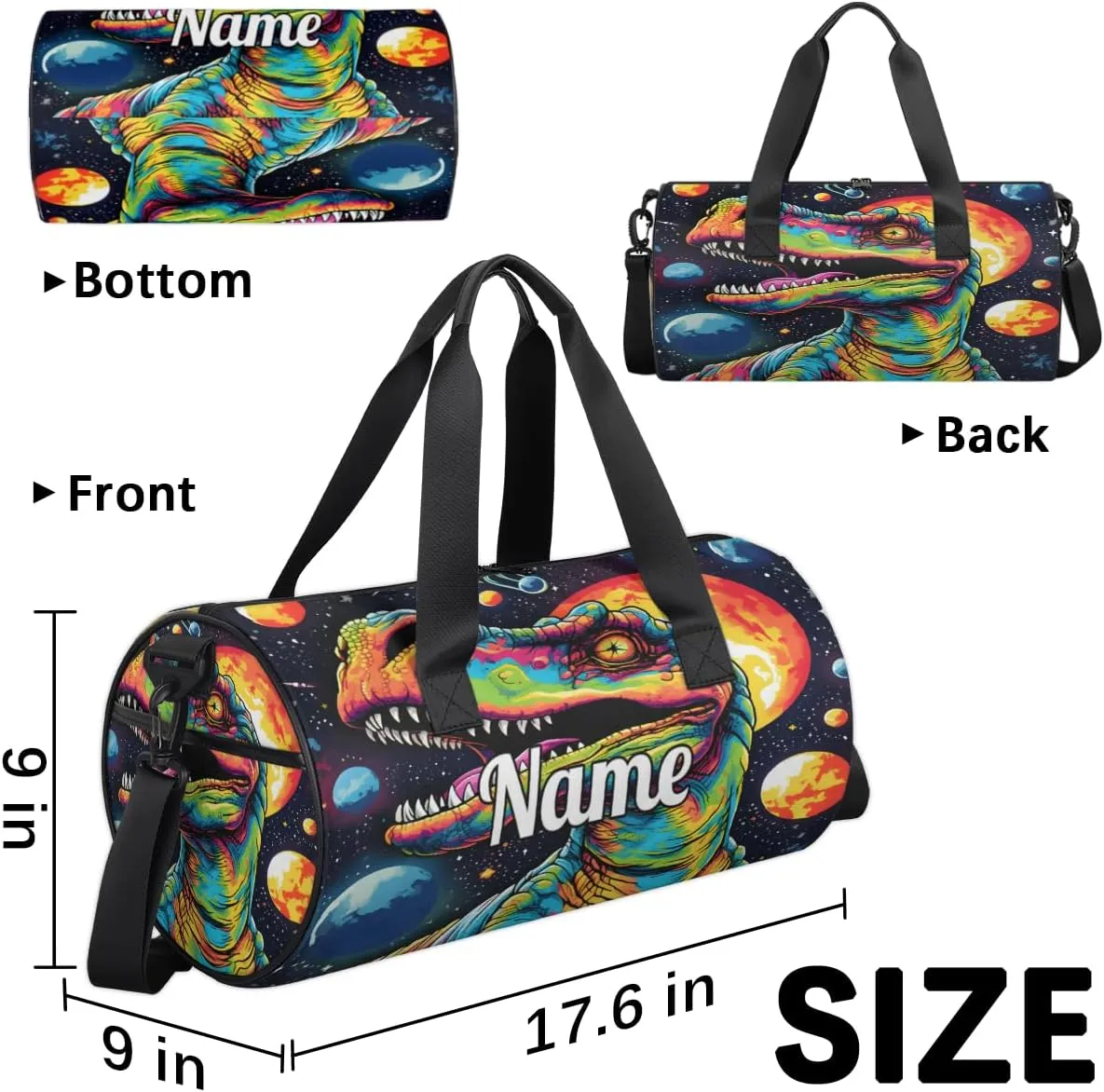 Custom Dance Duffel Bag Sport Backpacks Gyms and Weekend Overnight Travel Duffle Bag Birthday Christmas Halloween Waterproof, Dinosaur