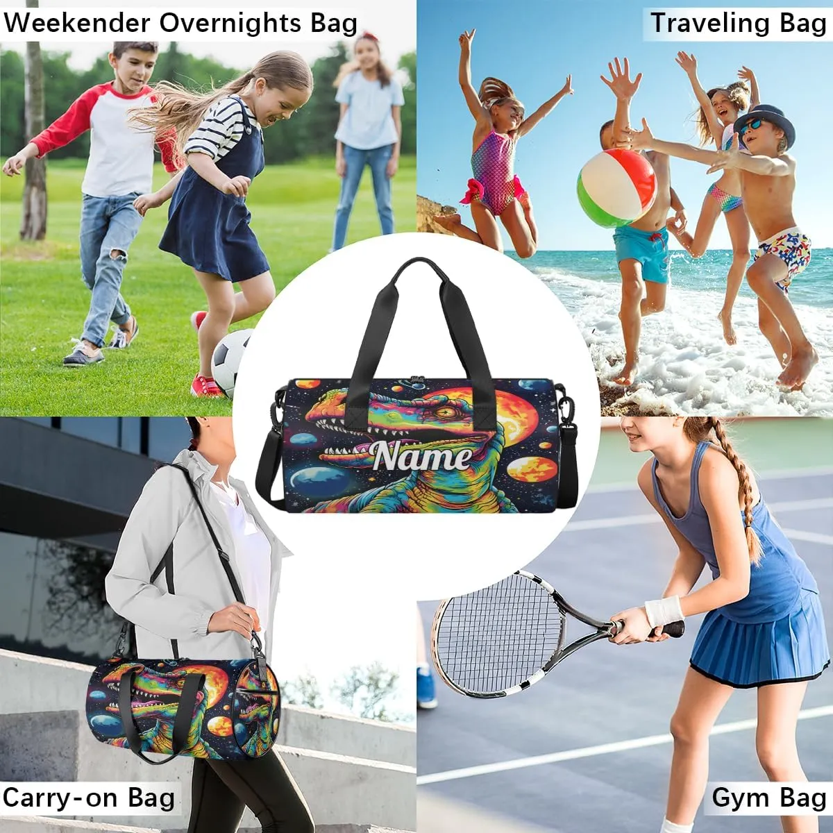 Custom Dance Duffel Bag Sport Backpacks Gyms and Weekend Overnight Travel Duffle Bag Birthday Christmas Halloween Waterproof, Dinosaur