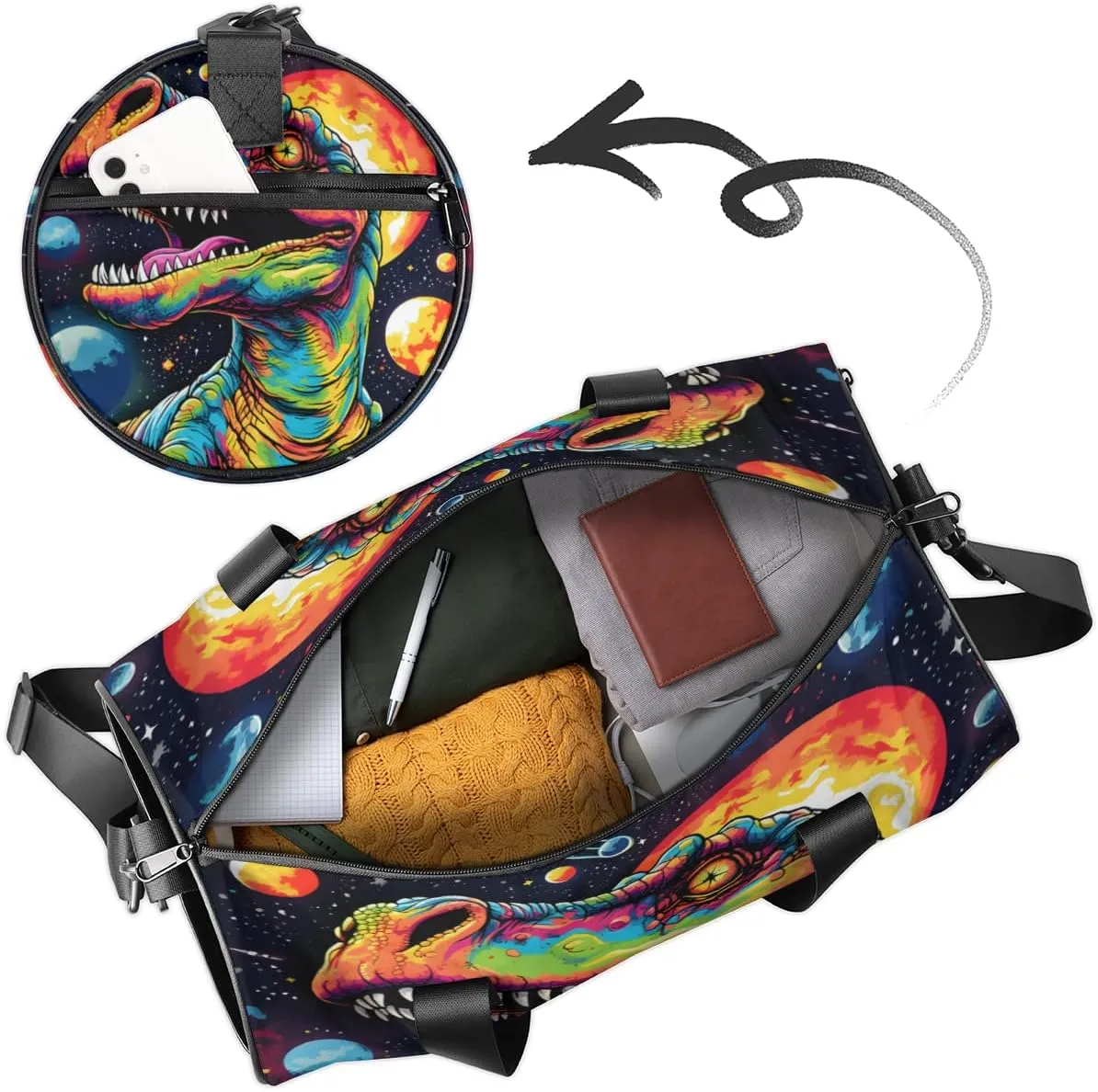 Custom Dance Duffel Bag Sport Backpacks Gyms and Weekend Overnight Travel Duffle Bag Birthday Christmas Halloween Waterproof, Dinosaur