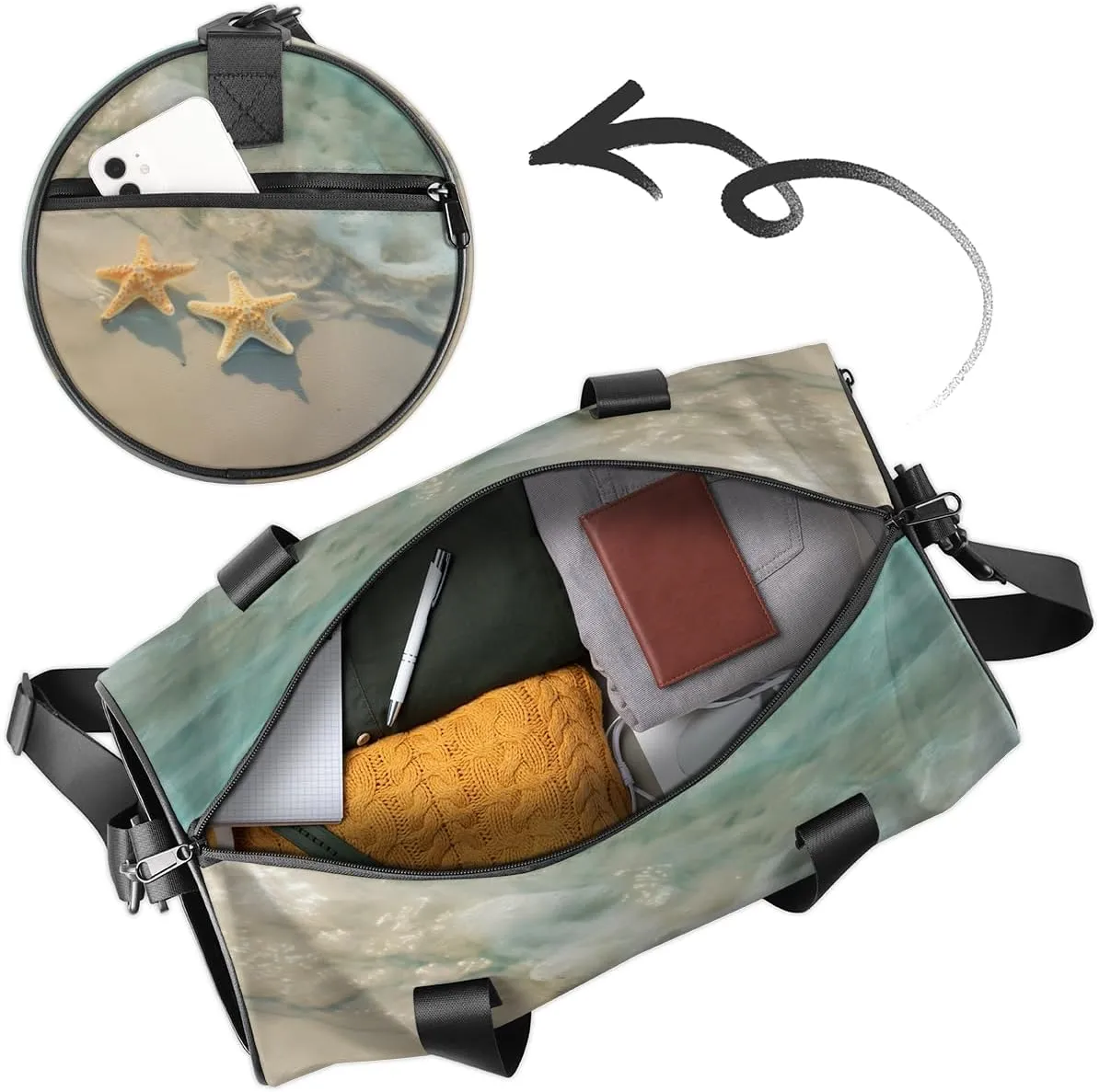 Custom Dance Duffel Bag Sport Backpacks Gyms and Weekend Overnight Travel Duffle Bag Birthday Christmas Halloween Waterproof, Sea Starfish Beach