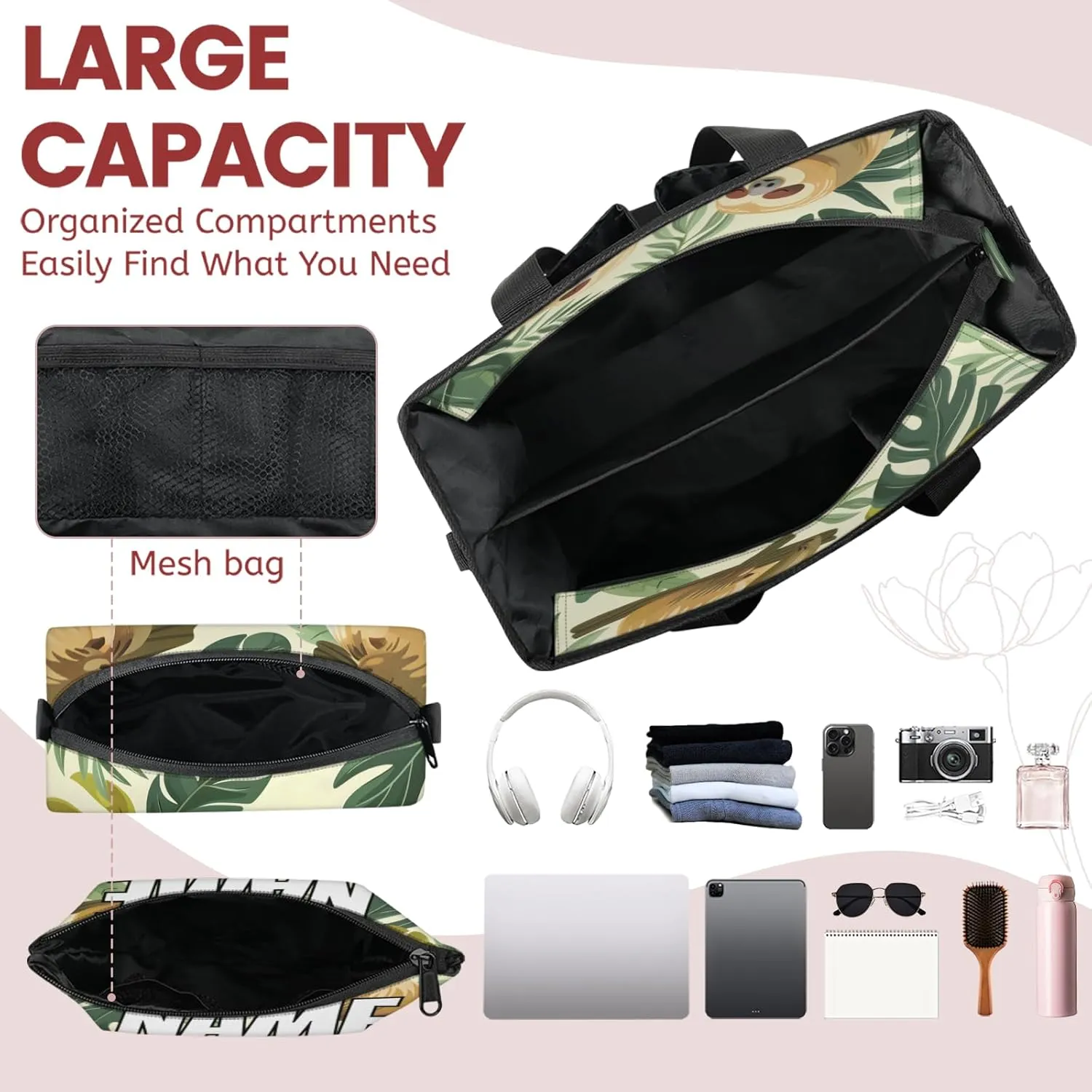 Custom Funny Sloth Travel Duffle Bags for Women Weekender Overnight Jungle Cute Sloth Carry on Tote for Airplanes Business Hospital Gym with Toiletry Bag 3Pcs Set