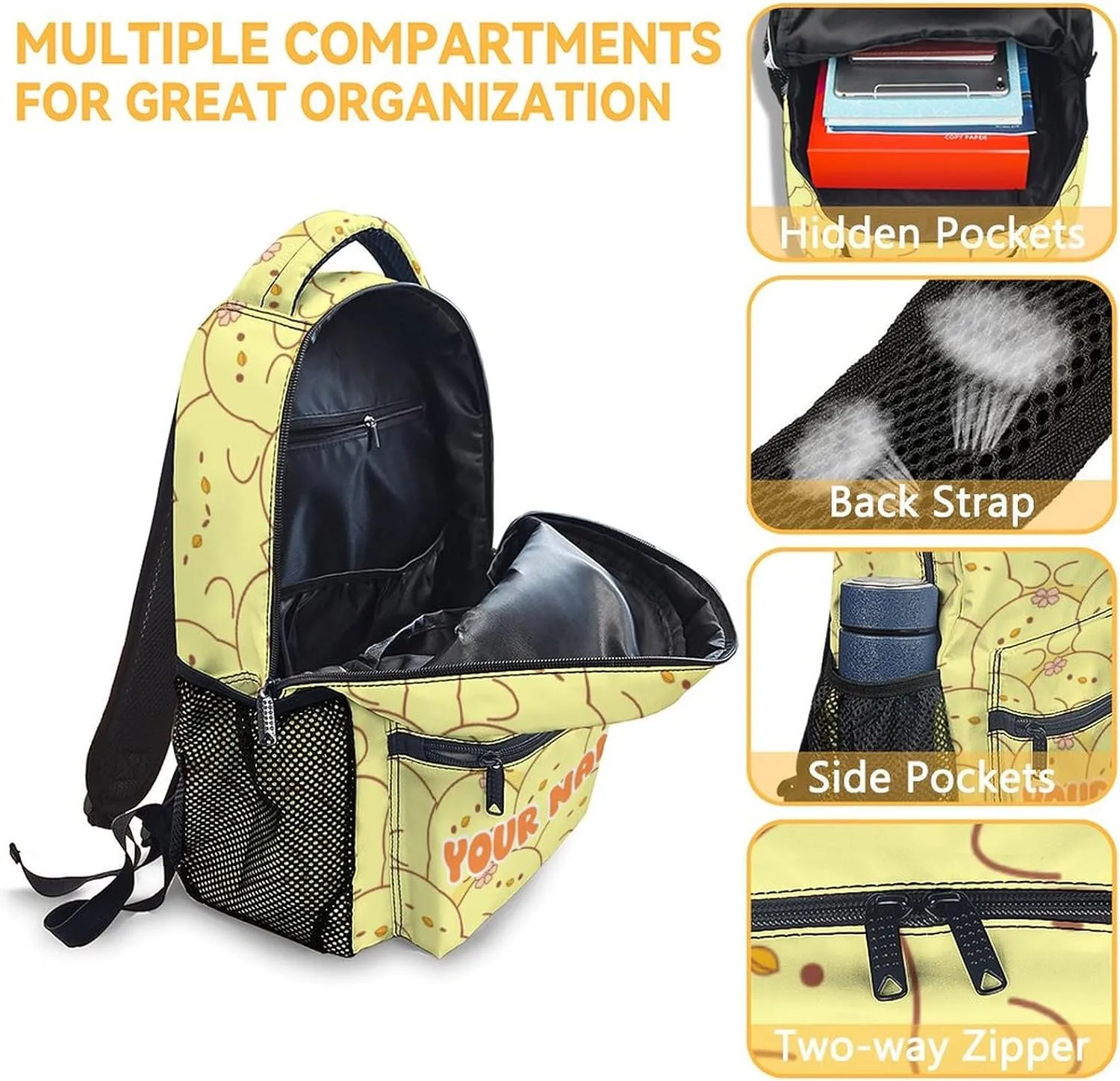 Custom Kids Backpack Gifts, 17 Inch Cute School Backpacks for Girls, Yellow Large Capacity Bookbag for Elementary School