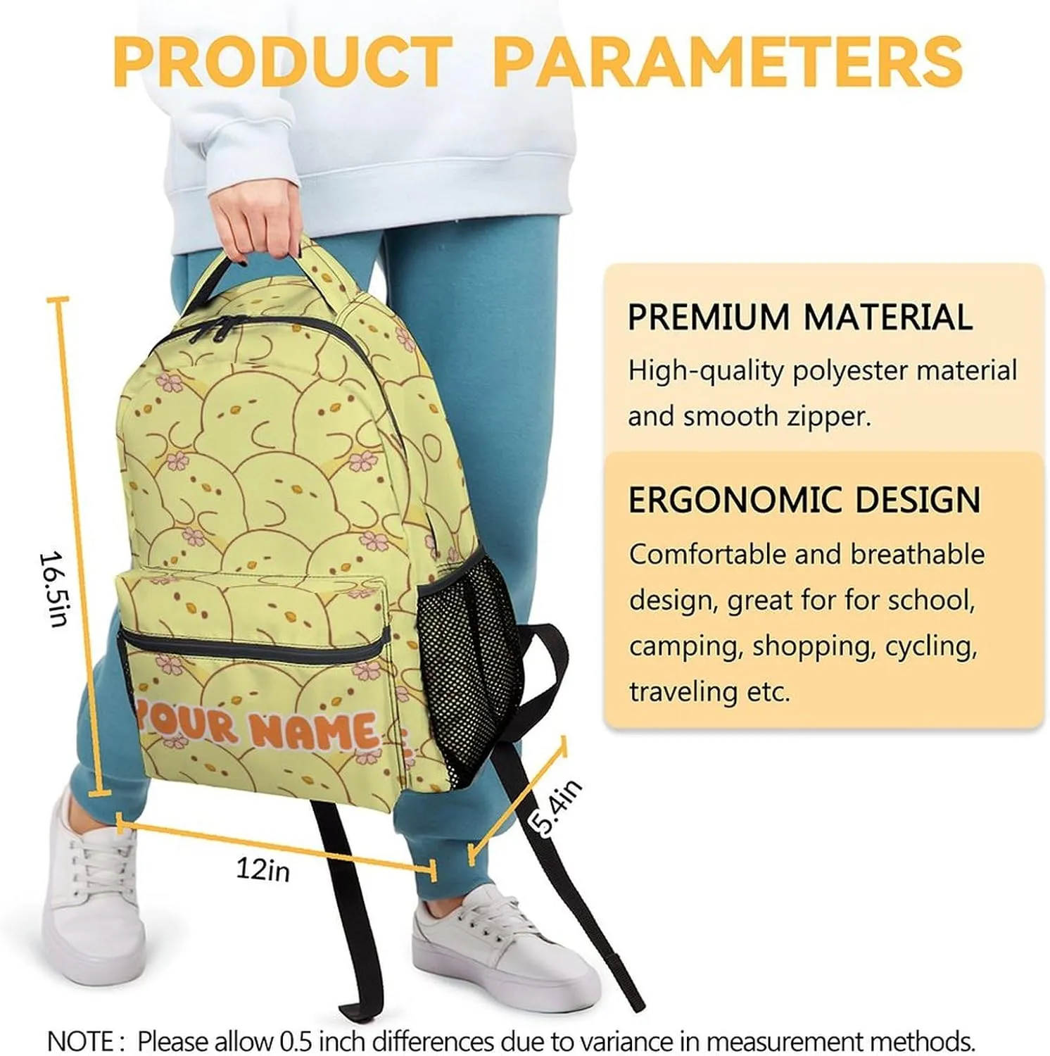Custom Kids Backpack Gifts, 17 Inch Cute School Backpacks for Girls, Yellow Large Capacity Bookbag for Elementary School