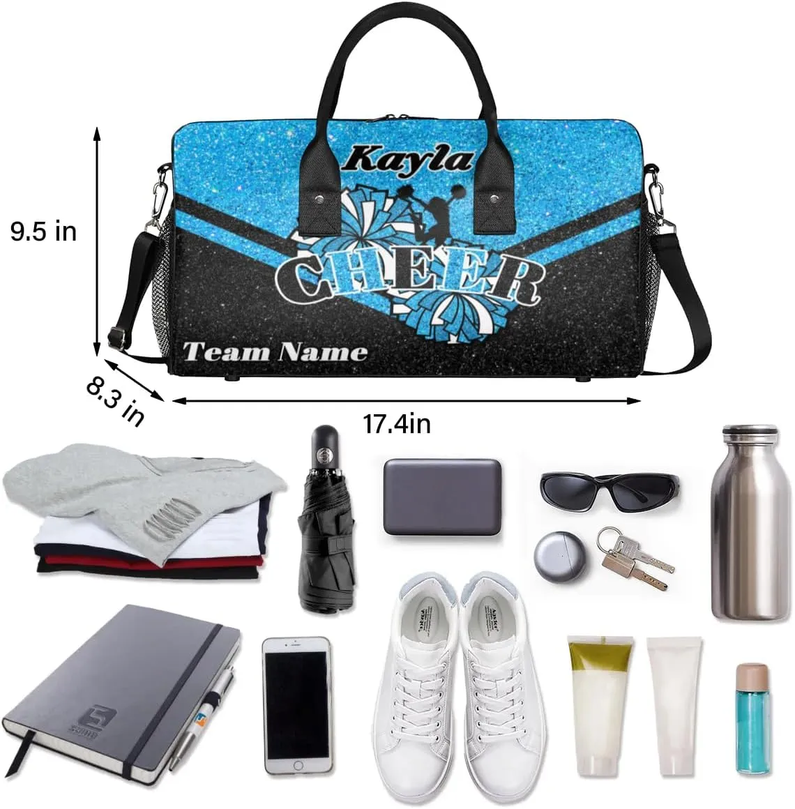 Custom Name Cheerleader Bag Personalized Gym Bag Sport Duffel Bags Customized Cheerleading Bag Overnight Bag, Blue Black Gillter