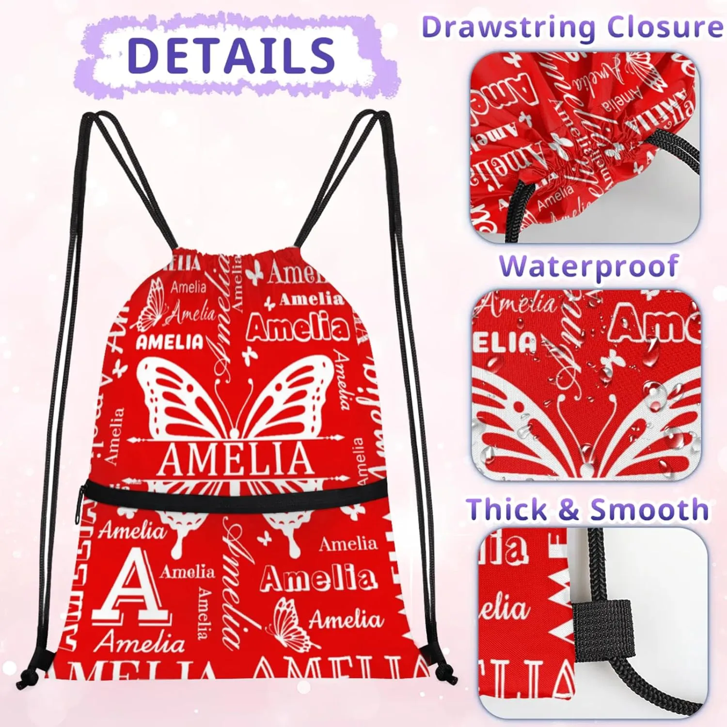 Custom Sports Drawstring Backpacks with Name Dance Gymnastics Bag, Butterfly Design Personalized Drawstring Sport Bags for Gym Beach Travel, Coral Red A