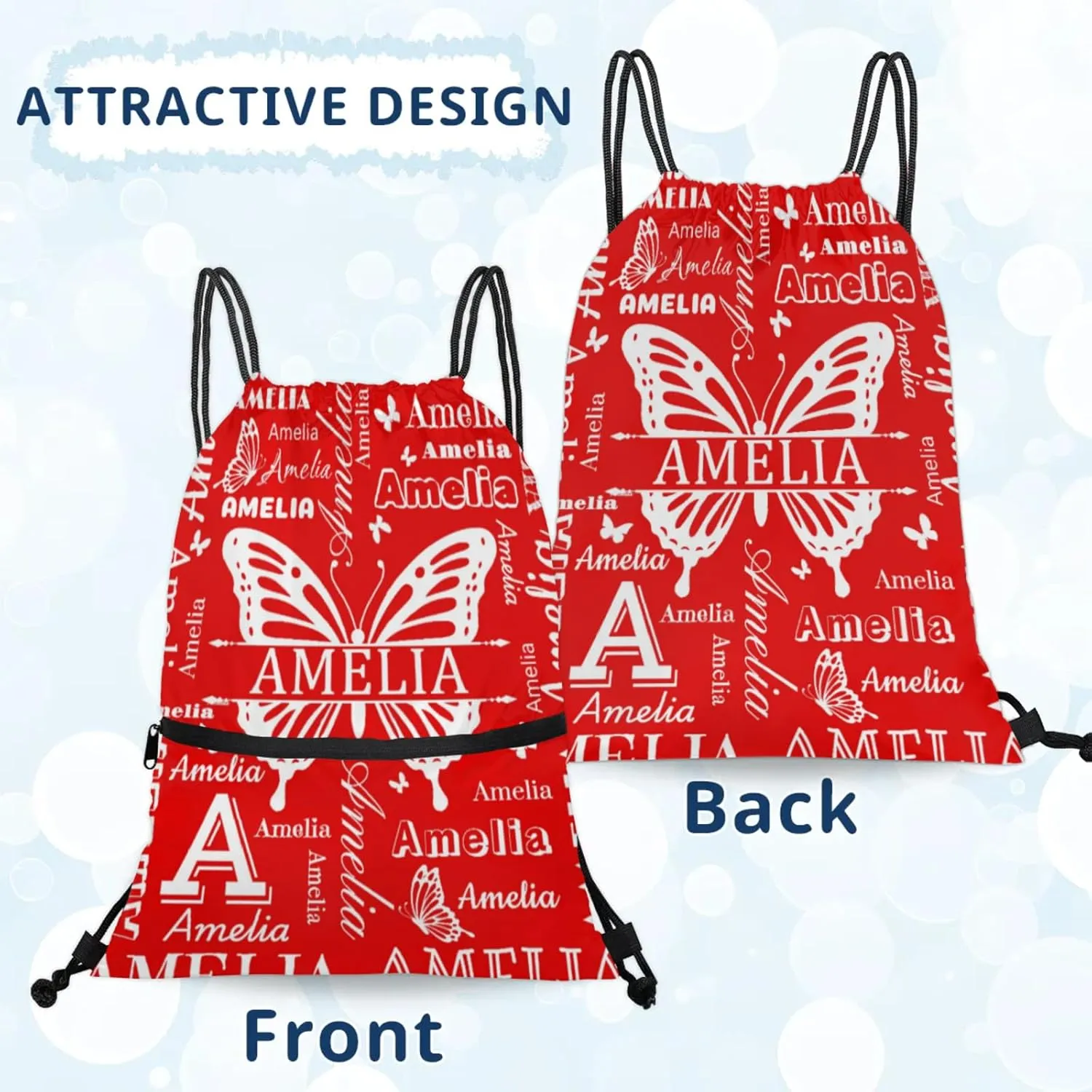Custom Sports Drawstring Backpacks with Name Dance Gymnastics Bag, Butterfly Design Personalized Drawstring Sport Bags for Gym Beach Travel, Coral Red A
