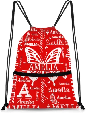 Custom Sports Drawstring Backpacks with Name Dance Gymnastics Bag, Butterfly Design Personalized Drawstring Sport Bags for Gym Beach Travel, Coral Red A