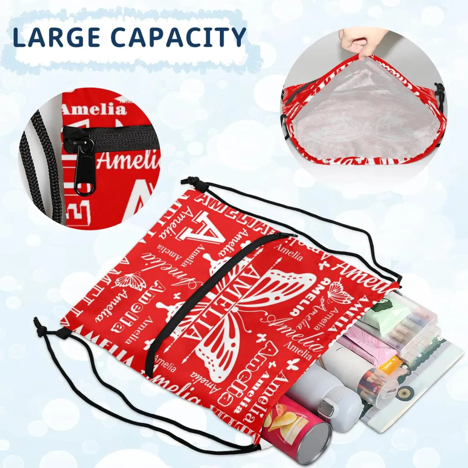 Custom Sports Drawstring Backpacks with Name Dance Gymnastics Bag, Butterfly Design Personalized Drawstring Sport Bags for Gym Beach Travel, Coral Red A