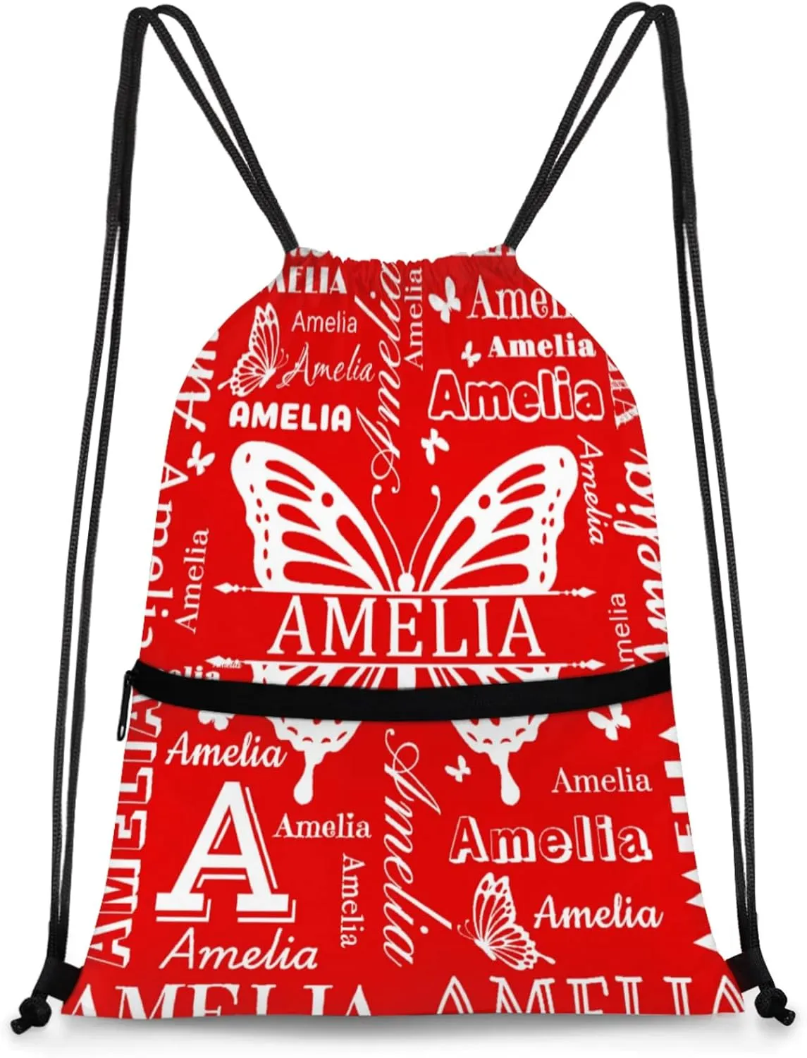 Custom Sports Drawstring Backpacks with Name Dance Gymnastics Bag, Butterfly Design Personalized Drawstring Sport Bags for Gym Beach Travel, Coral Red A