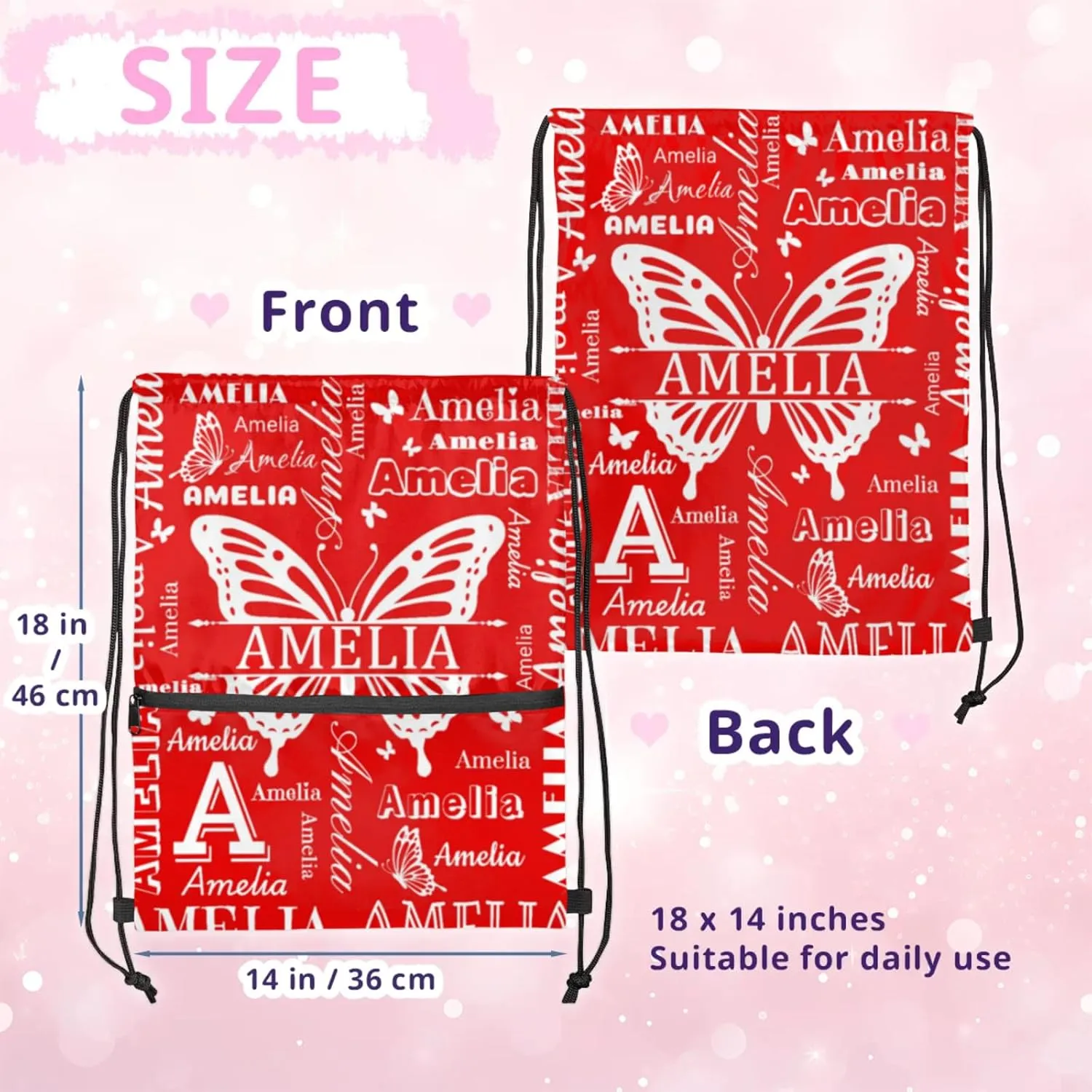 Custom Sports Drawstring Backpacks with Name Dance Gymnastics Bag, Butterfly Design Personalized Drawstring Sport Bags for Gym Beach Travel, Coral Red A