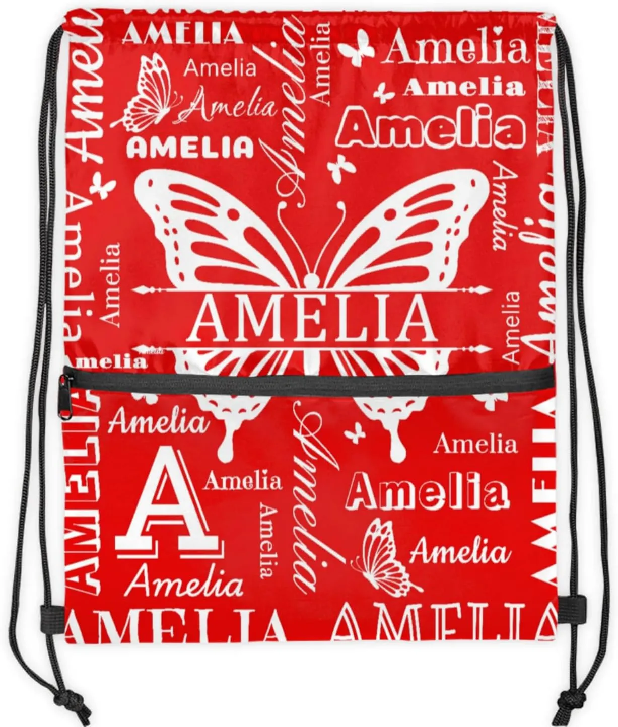 Custom Sports Drawstring Backpacks with Name Dance Gymnastics Bag, Butterfly Design Personalized Drawstring Sport Bags for Gym Beach Travel, Coral Red A