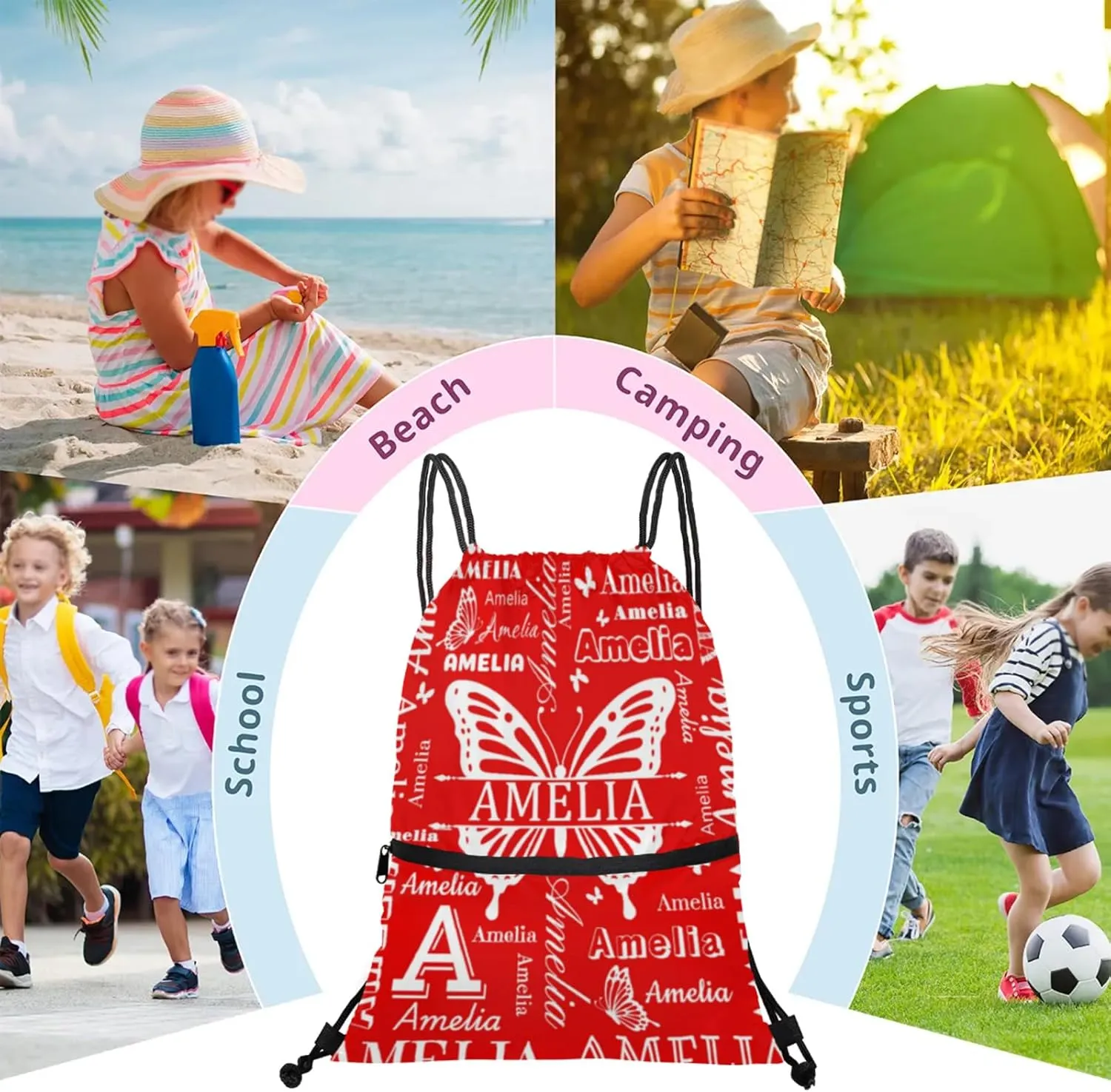 Custom Sports Drawstring Backpacks with Name Dance Gymnastics Bag, Butterfly Design Personalized Drawstring Sport Bags for Gym Beach Travel, Coral Red A