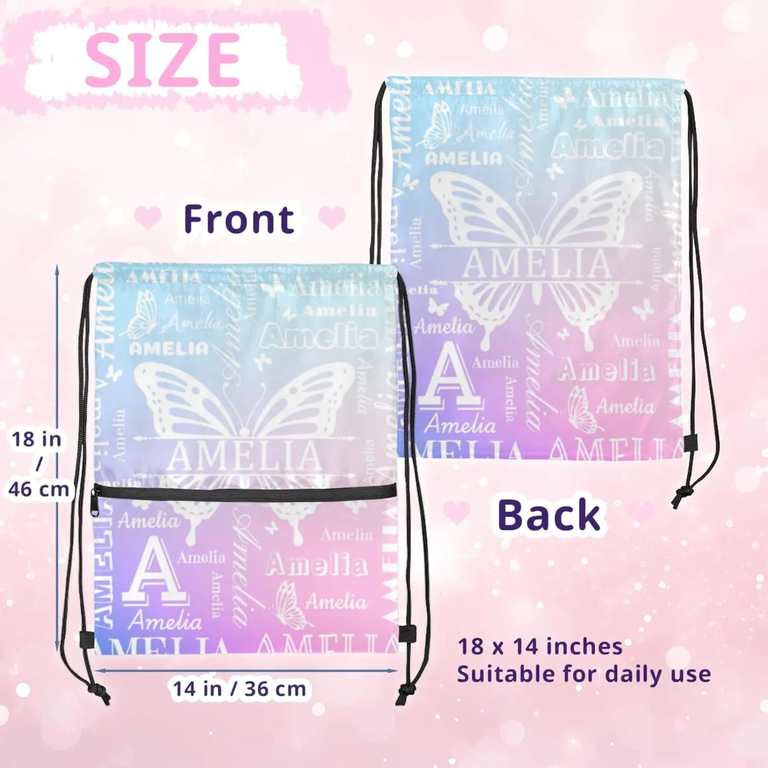 Custom Sports Drawstring Backpacks with Name Dance Gymnastics Bag, Butterfly Design Personalized Drawstring Sport Bags for Gym Beach Travel, Cut Glitter Pattern