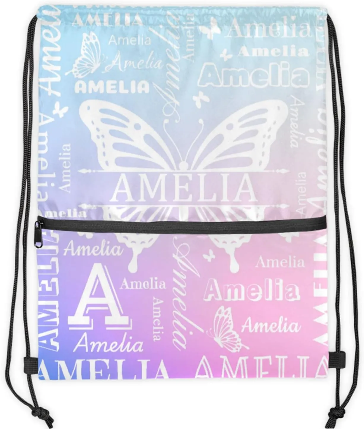 Custom Sports Drawstring Backpacks with Name Dance Gymnastics Bag, Butterfly Design Personalized Drawstring Sport Bags for Gym Beach Travel, Cut Glitter Pattern