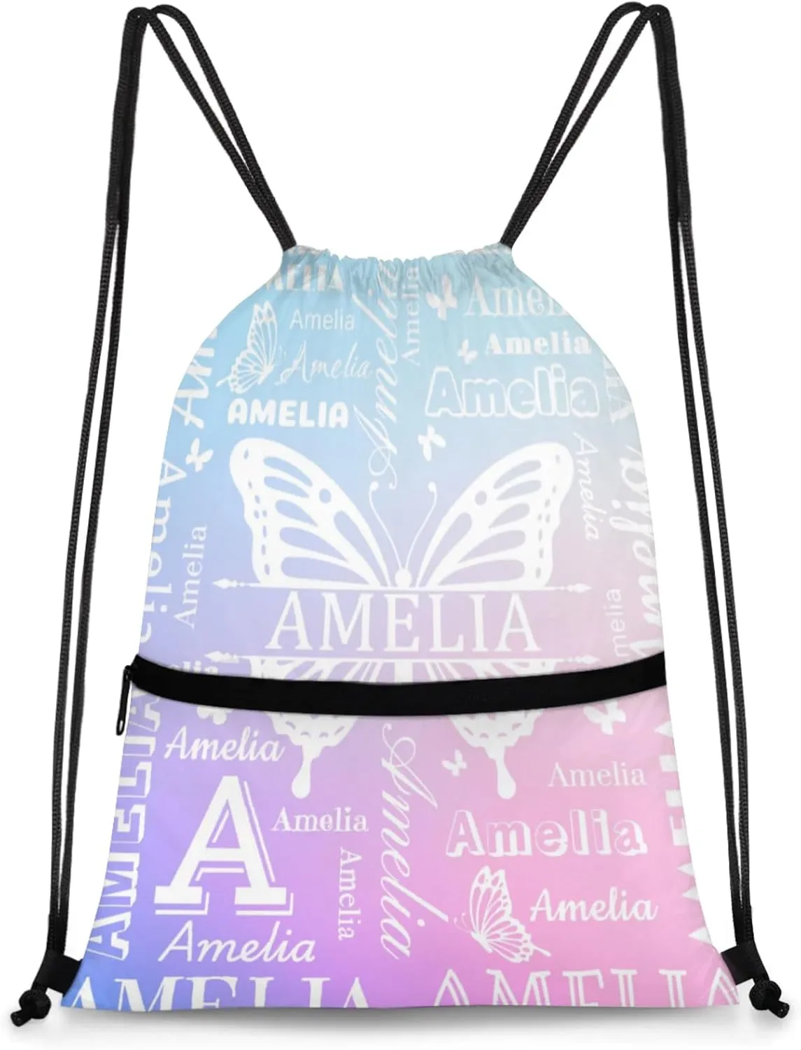 Custom Sports Drawstring Backpacks with Name Dance Gymnastics Bag, Butterfly Design Personalized Drawstring Sport Bags for Gym Beach Travel, Cut Glitter Pattern