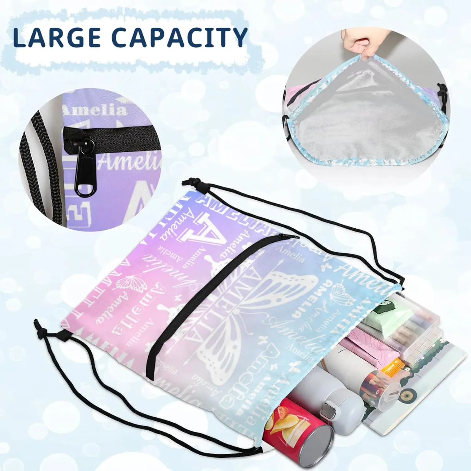 Custom Sports Drawstring Backpacks with Name Dance Gymnastics Bag, Butterfly Design Personalized Drawstring Sport Bags for Gym Beach Travel, Cut Glitter Pattern